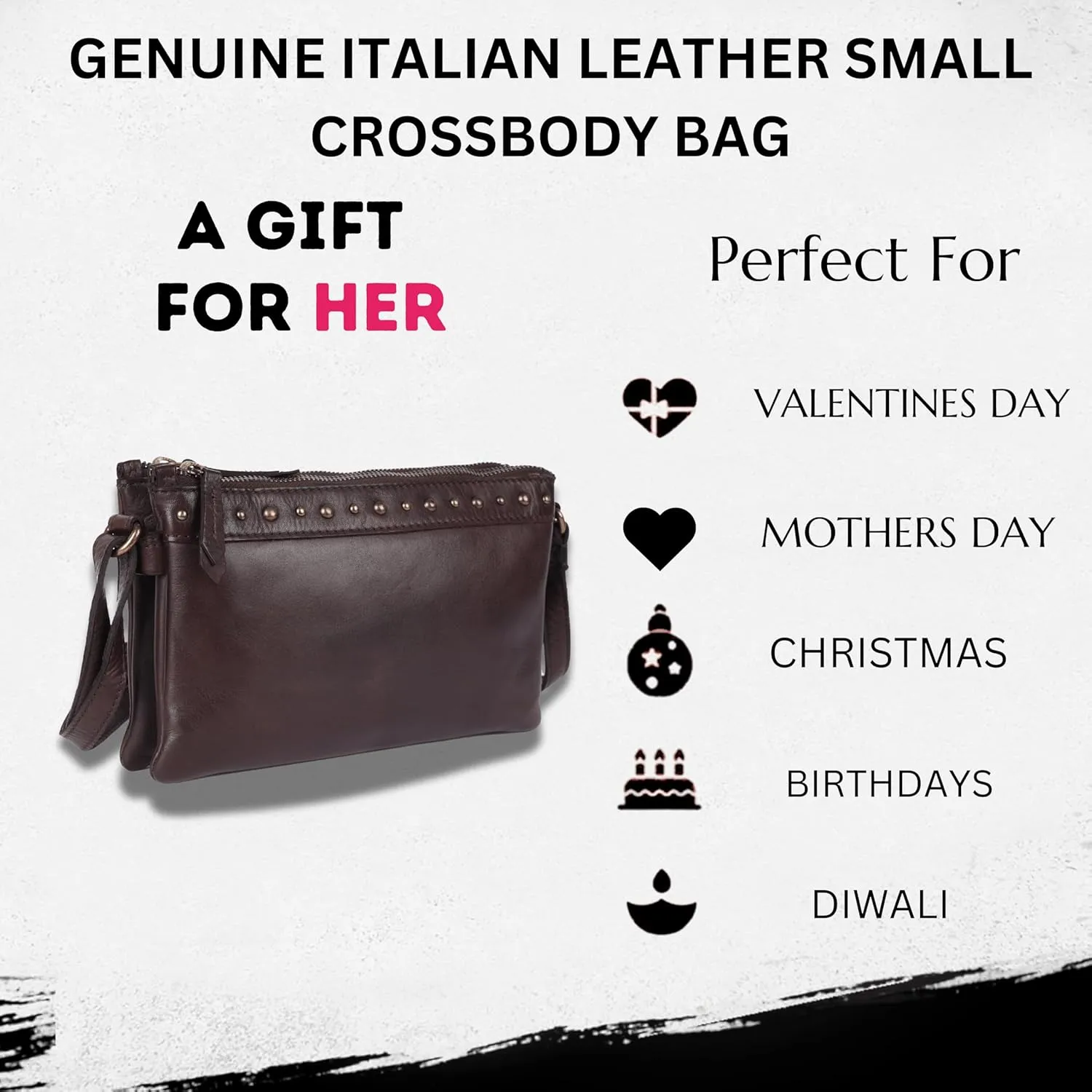 9 inch Women's Genuine Italian Leather Boho Studded Crossbody Sling Bag – Premium Quality, Stylish