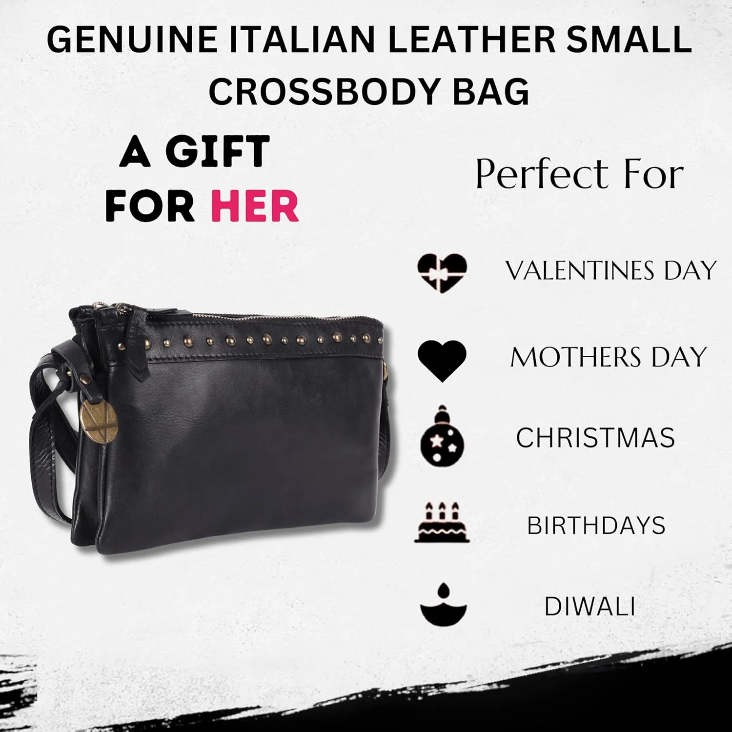 9 inch Women's Genuine Italian Leather Boho Studded Crossbody Sling Bag – Premium Quality, Stylish