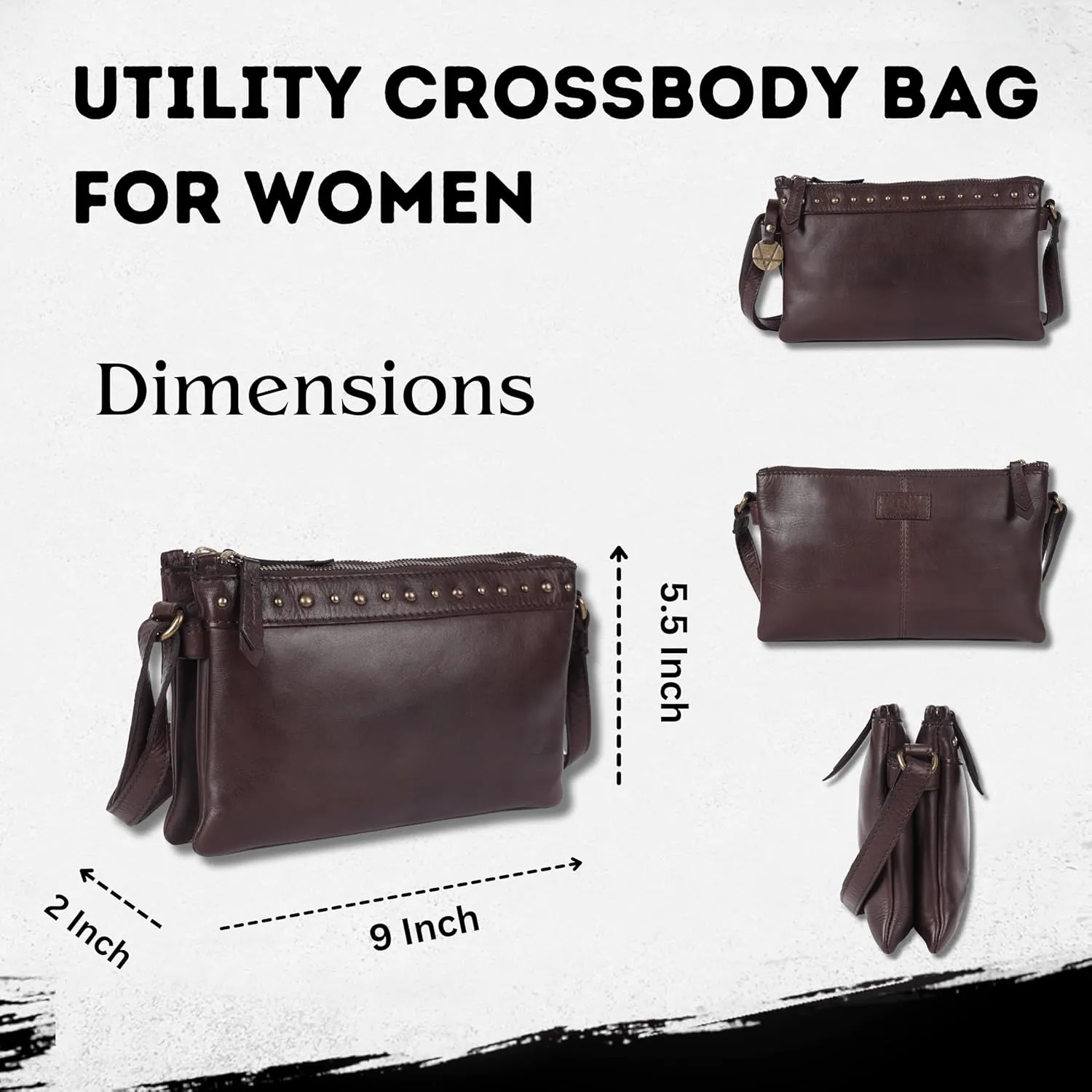 9 inch Women's Genuine Italian Leather Boho Studded Crossbody Sling Bag – Premium Quality, Stylish