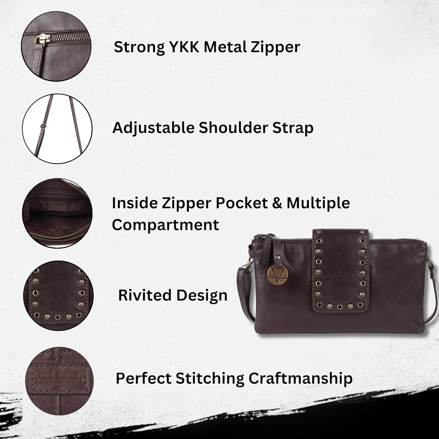 9.5 inch Genuine Italian Leather Boho Studded Crossbody Sling Bag - Stylish, Durable, & Perfect for Everyday Use for women