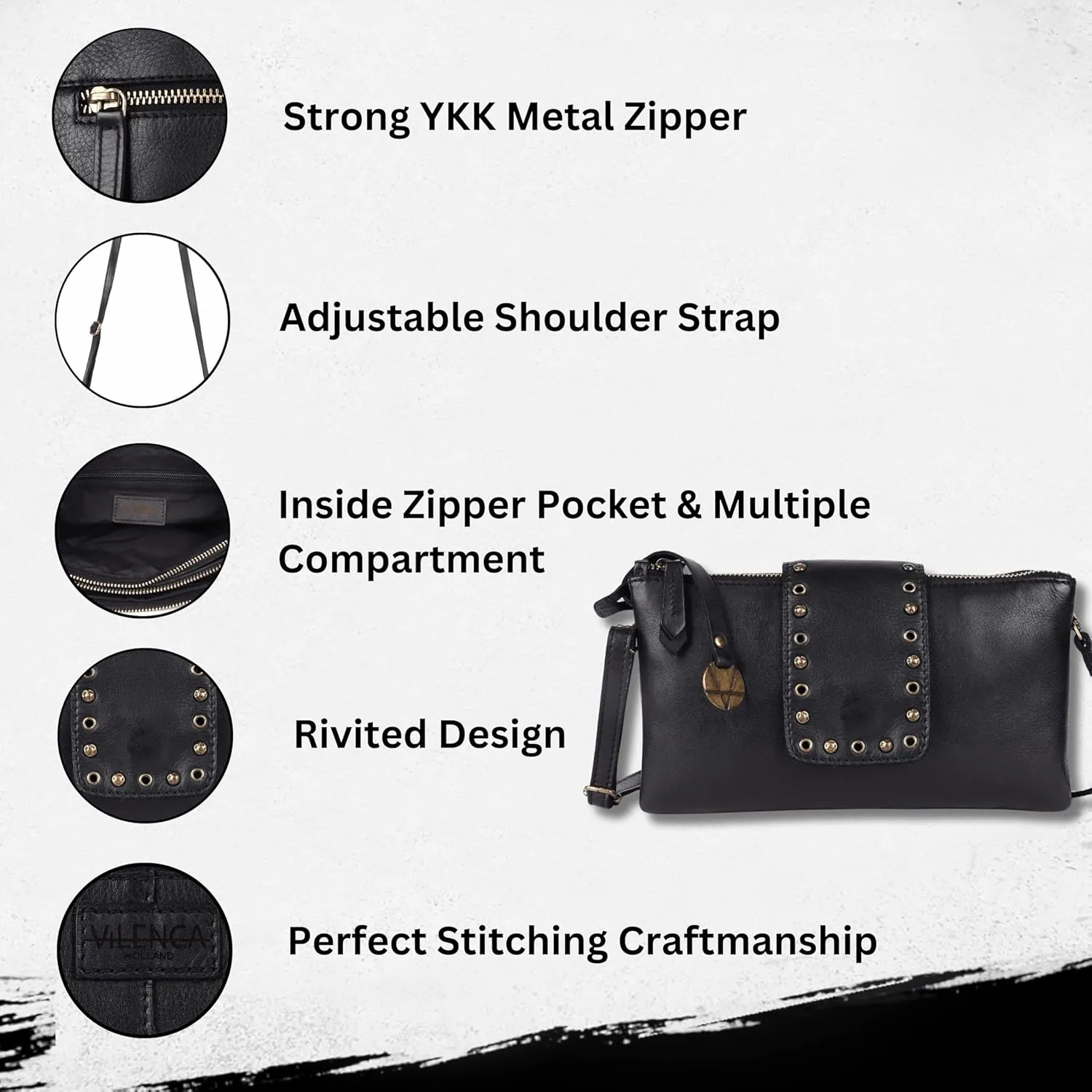 9.5 inch Genuine Italian Leather Boho Studded Crossbody Sling Bag - Stylish, Durable, & Perfect for Everyday Use for women