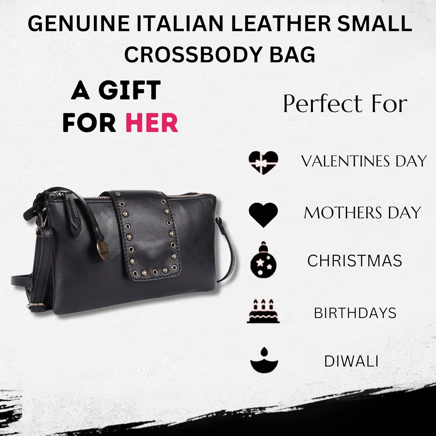 9.5 inch Genuine Italian Leather Boho Studded Crossbody Sling Bag - Stylish, Durable, & Perfect for Everyday Use for women