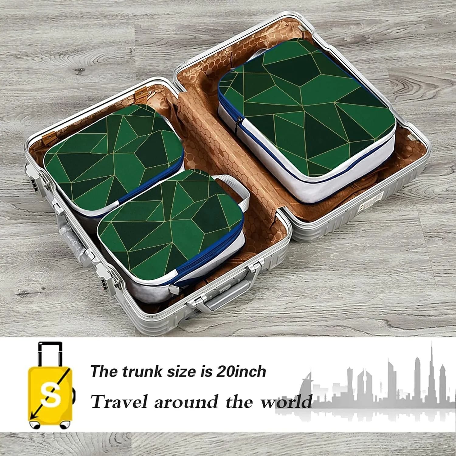 Abstract Seamless Emerald Geometric Green Crystal Polygonal Texture 3 Set Packing Cubes, Waterproof Check Oxford cloth Organizers, Travel Packing Toiletry Storage Bag