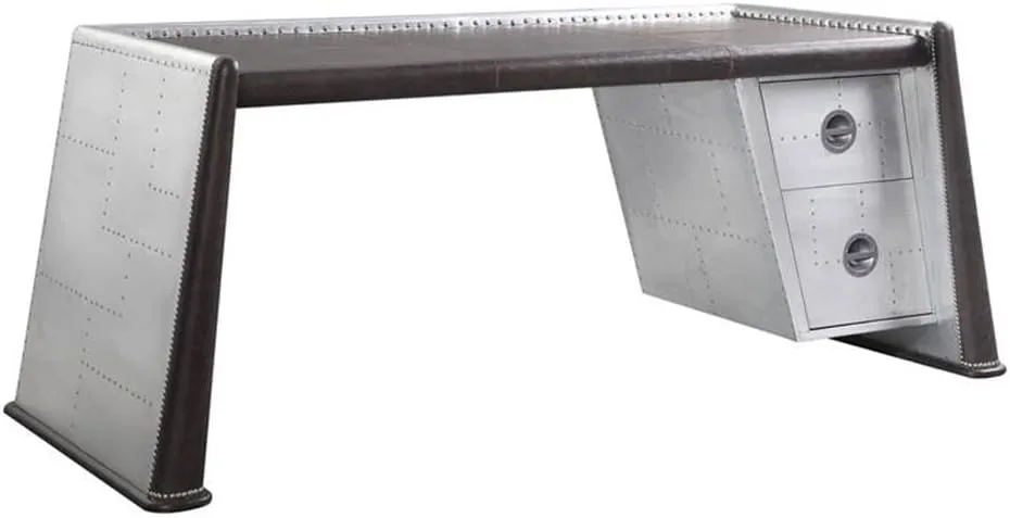 Acme Brancaster Desk in Distress Chocolate Top Grain Leather and Aluminum