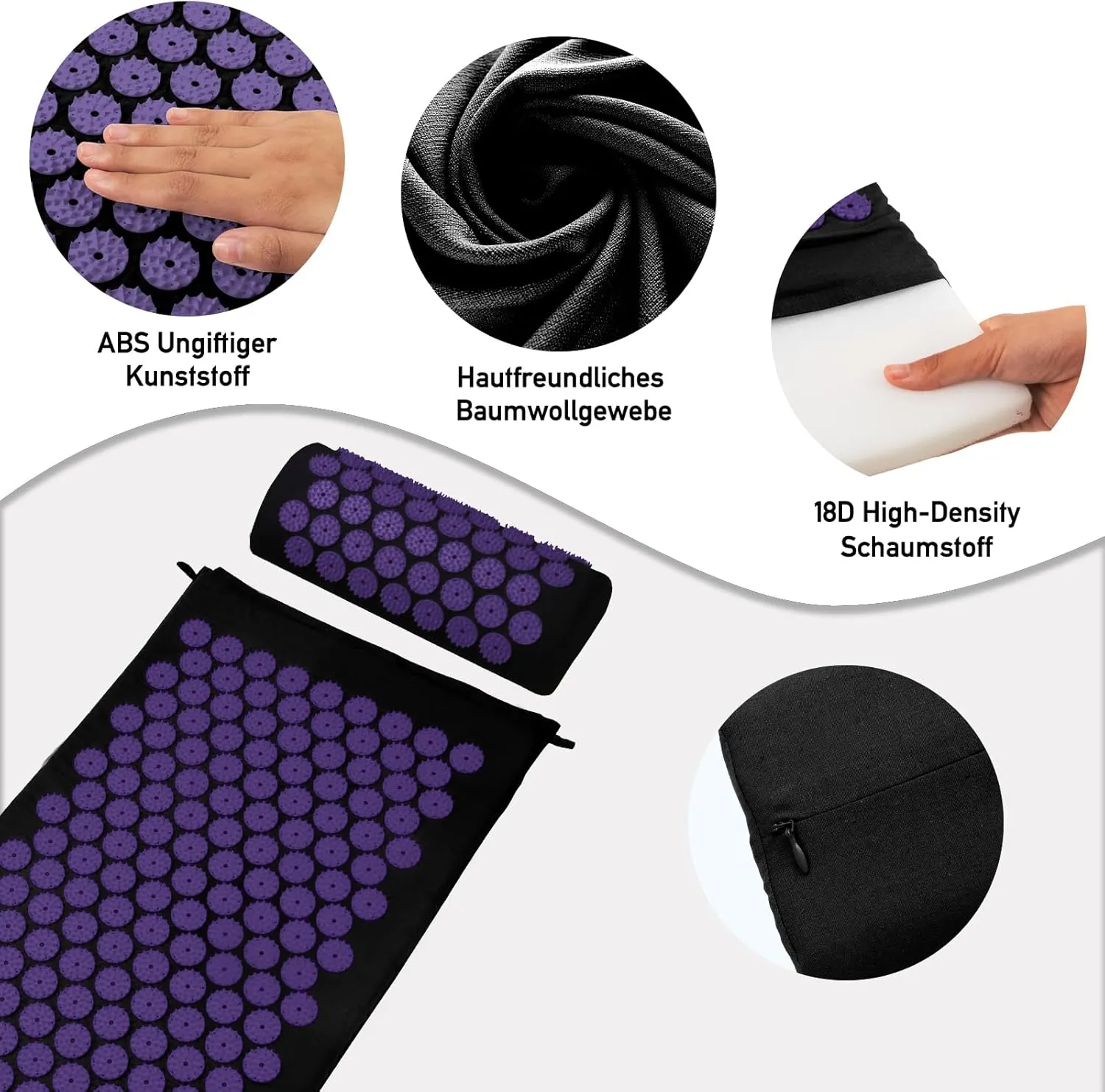 Acupressure Mat Set, Acupuncture Point Massage Pillow, Relieving Neck and Back Pain, Muscle Relaxation and Stress Reduction, Sciatica Relief, Suitable for Men and Women, Carry a Handbag, Black Purple