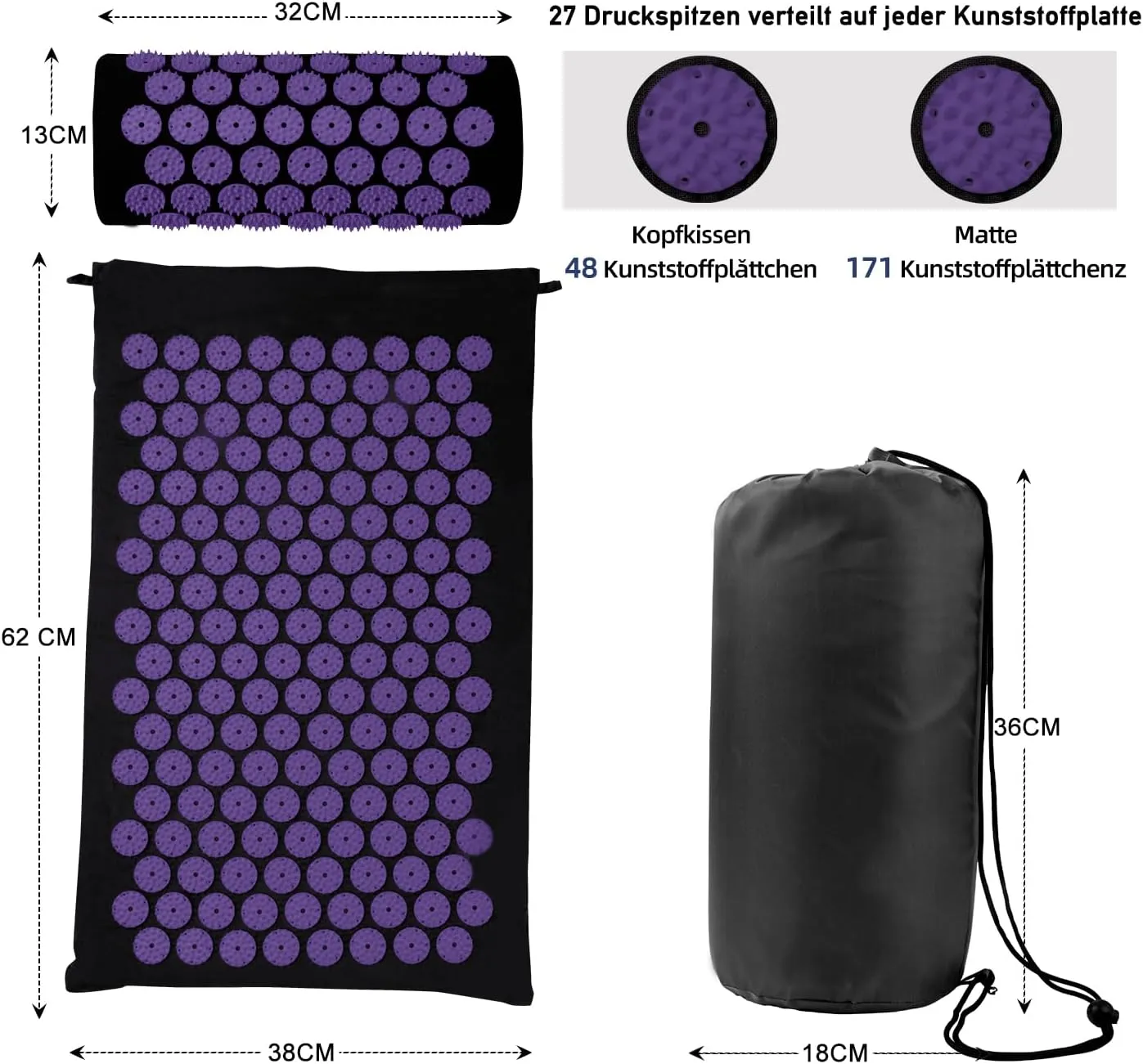Acupressure Mat Set, Acupuncture Point Massage Pillow, Relieving Neck and Back Pain, Muscle Relaxation and Stress Reduction, Sciatica Relief, Suitable for Men and Women, Carry a Handbag, Black Purple