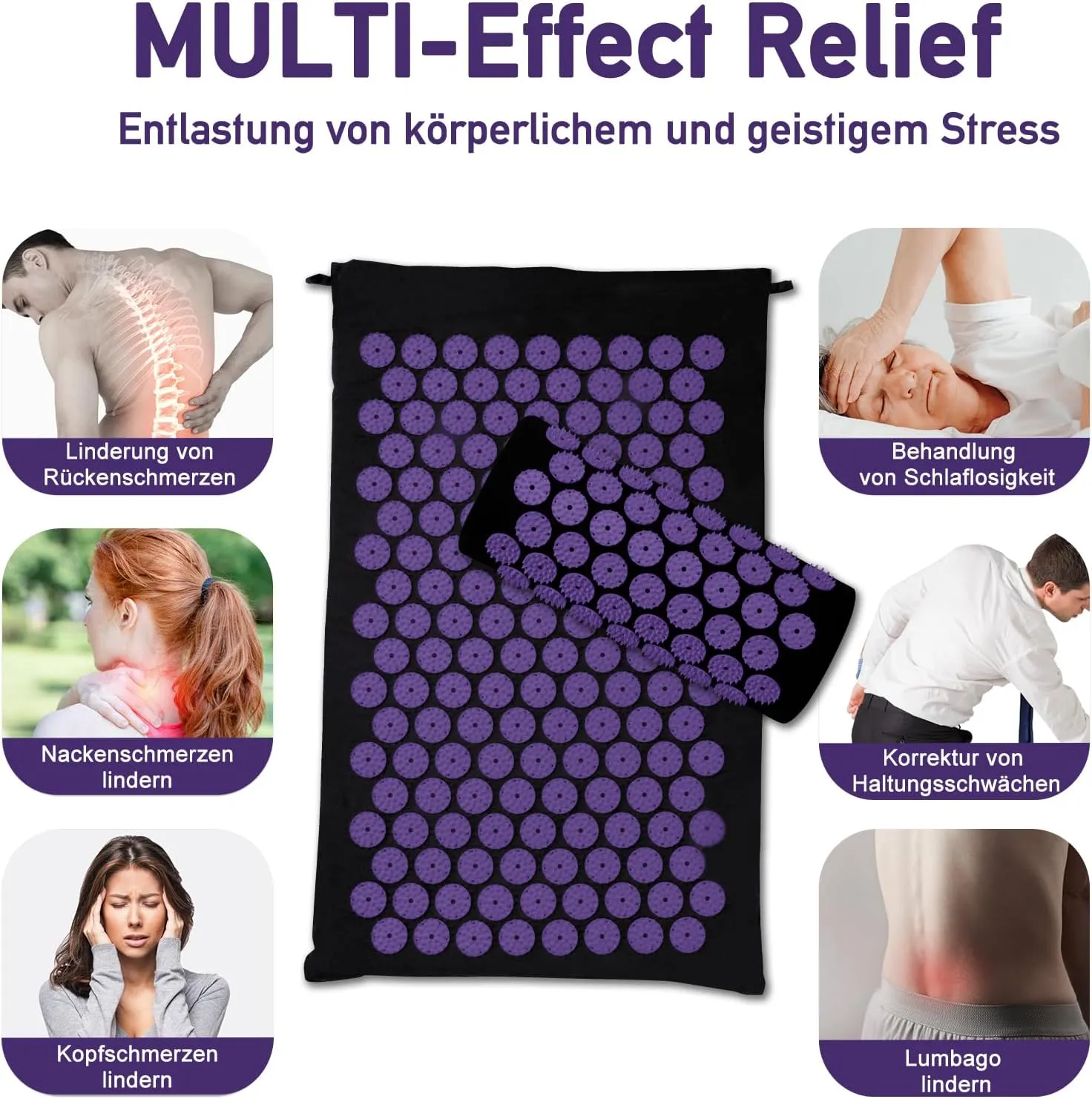 Acupressure Mat Set, Acupuncture Point Massage Pillow, Relieving Neck and Back Pain, Muscle Relaxation and Stress Reduction, Sciatica Relief, Suitable for Men and Women, Carry a Handbag, Black Purple
