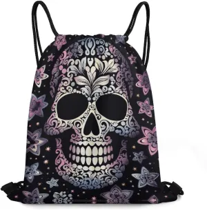 Adjustable Drawstring Backpack，Cool Skull Printed Portable Drawstring Bag Large Capacity Foldable Drawstring Bag for Shopping Sport Yoga Travel, Swimming, Gym, Beach