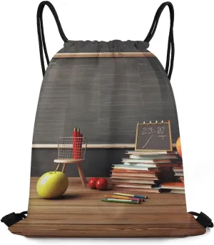 Adjustable Drawstring Backpack，Teacher Classroom Chalkboard Printed Portable Drawstring Bag Large Capacity Foldable Drawstring Bag for Shopping Sport Yoga Travel, Swimming, Gym, Beach