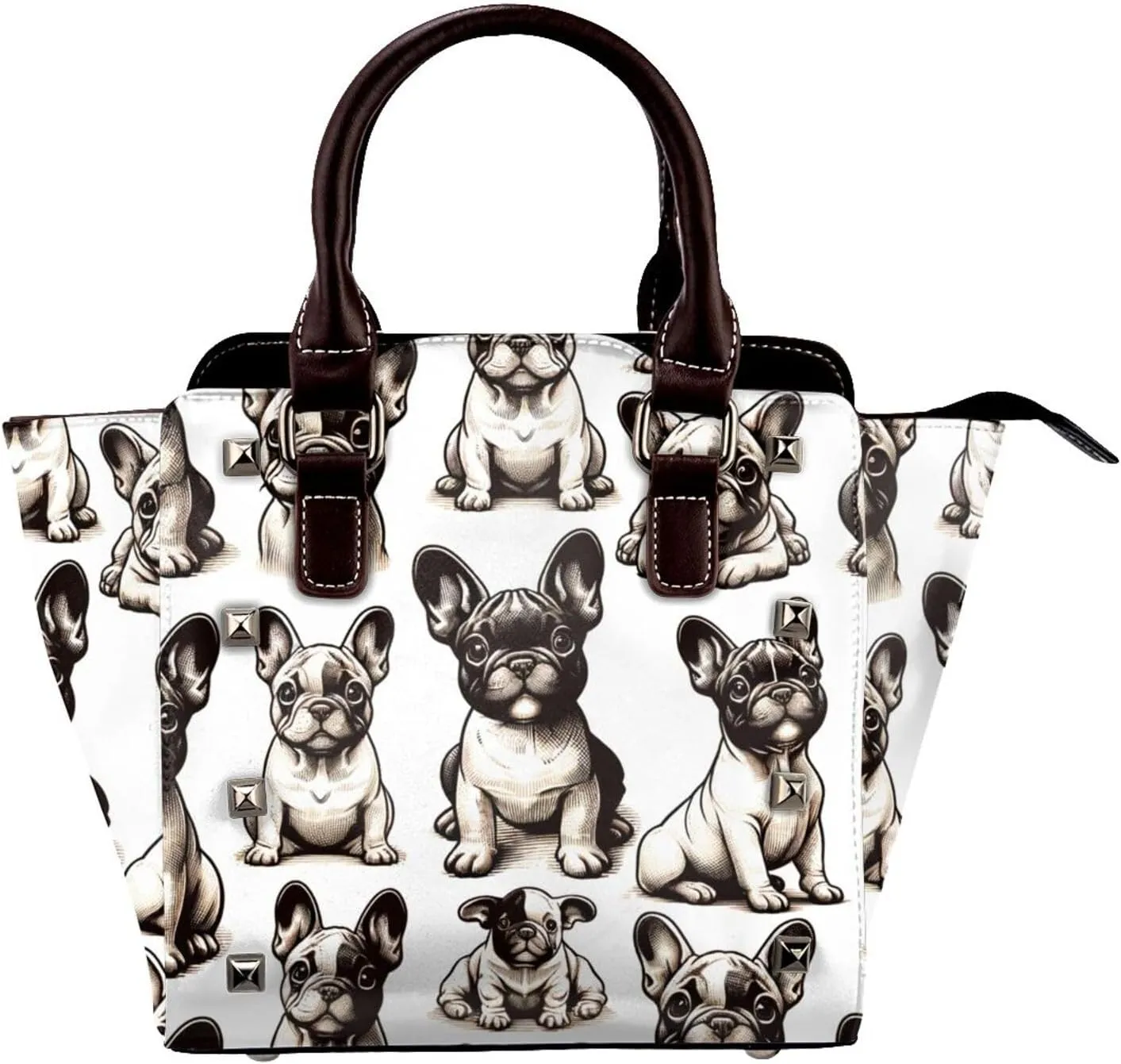 Adorable-French-Bulldogs Pu Leather Crossbody Studded Bag, Fashionable Shoulder Handbag With Detachable Shoulder Strap