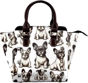 Adorable-French-Bulldogs Pu Leather Crossbody Studded Bag, Fashionable Shoulder Handbag With Detachable Shoulder Strap