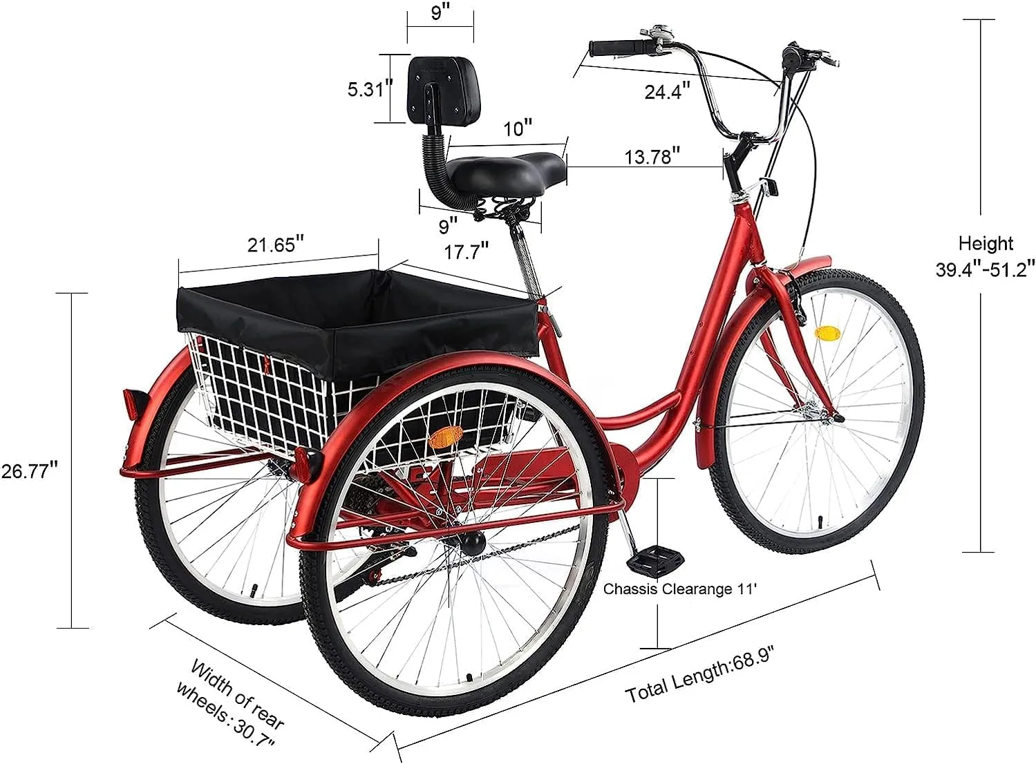 Adult Tricycle 24/26inch 7 Speed, 3 Wheel Mountain Trikes, Three Wheeled Bikes with Basket & Backrest Seat for Seniors, Women, Men, Multiple Colors
