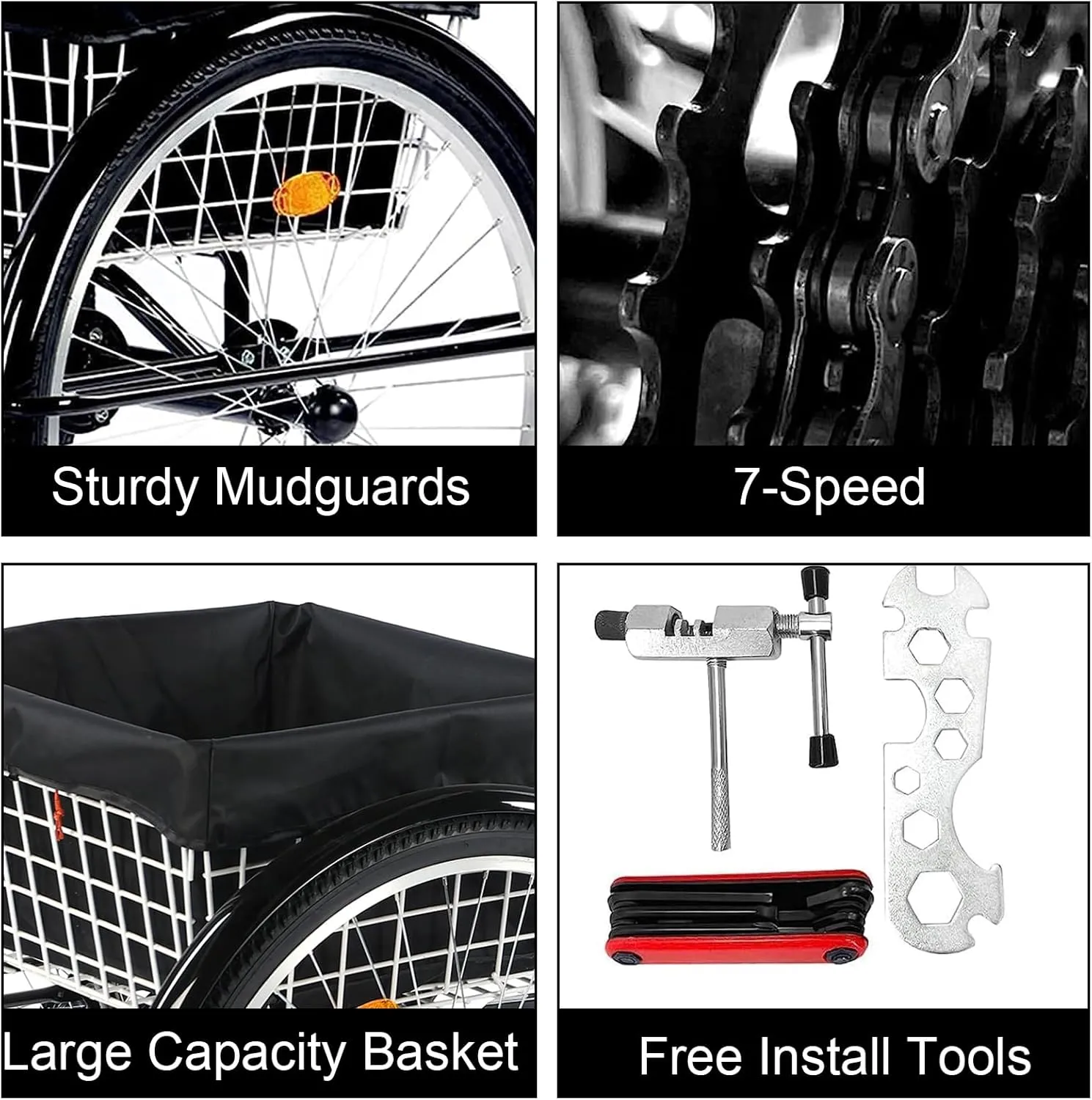 Adult Tricycle 24/26inch 7 Speed, 3 Wheel Mountain Trikes, Three Wheeled Bikes with Basket & Backrest Seat for Seniors, Women, Men, Multiple Colors