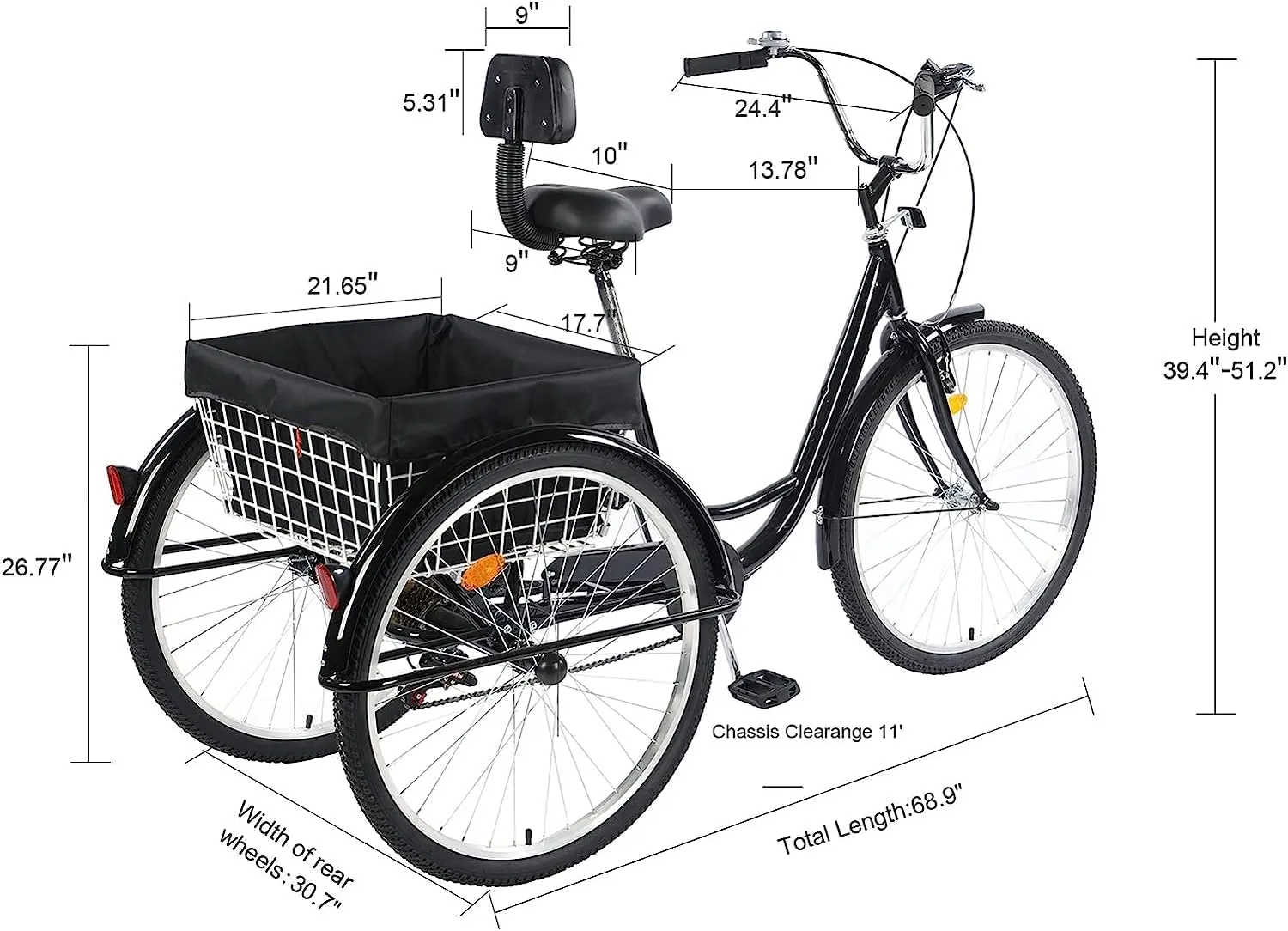 Adult Tricycle 24/26inch 7 Speed, 3 Wheel Mountain Trikes, Three Wheeled Bikes with Basket & Backrest Seat for Seniors, Women, Men, Multiple Colors