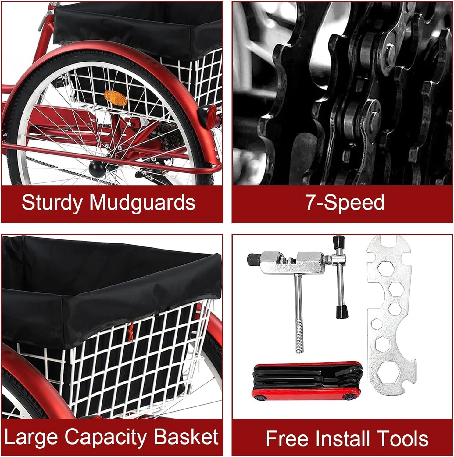 Adult Tricycle 24/26inch 7 Speed, 3 Wheel Mountain Trikes, Three Wheeled Bikes with Basket & Backrest Seat for Seniors, Women, Men, Multiple Colors