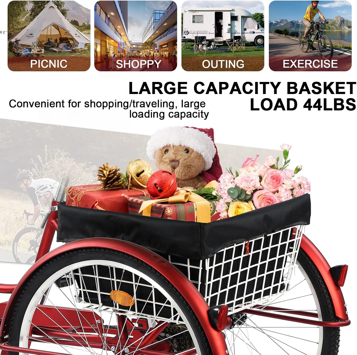 Adult Tricycle 24/26inch 7 Speed, 3 Wheel Mountain Trikes, Three Wheeled Bikes with Basket & Backrest Seat for Seniors, Women, Men, Multiple Colors