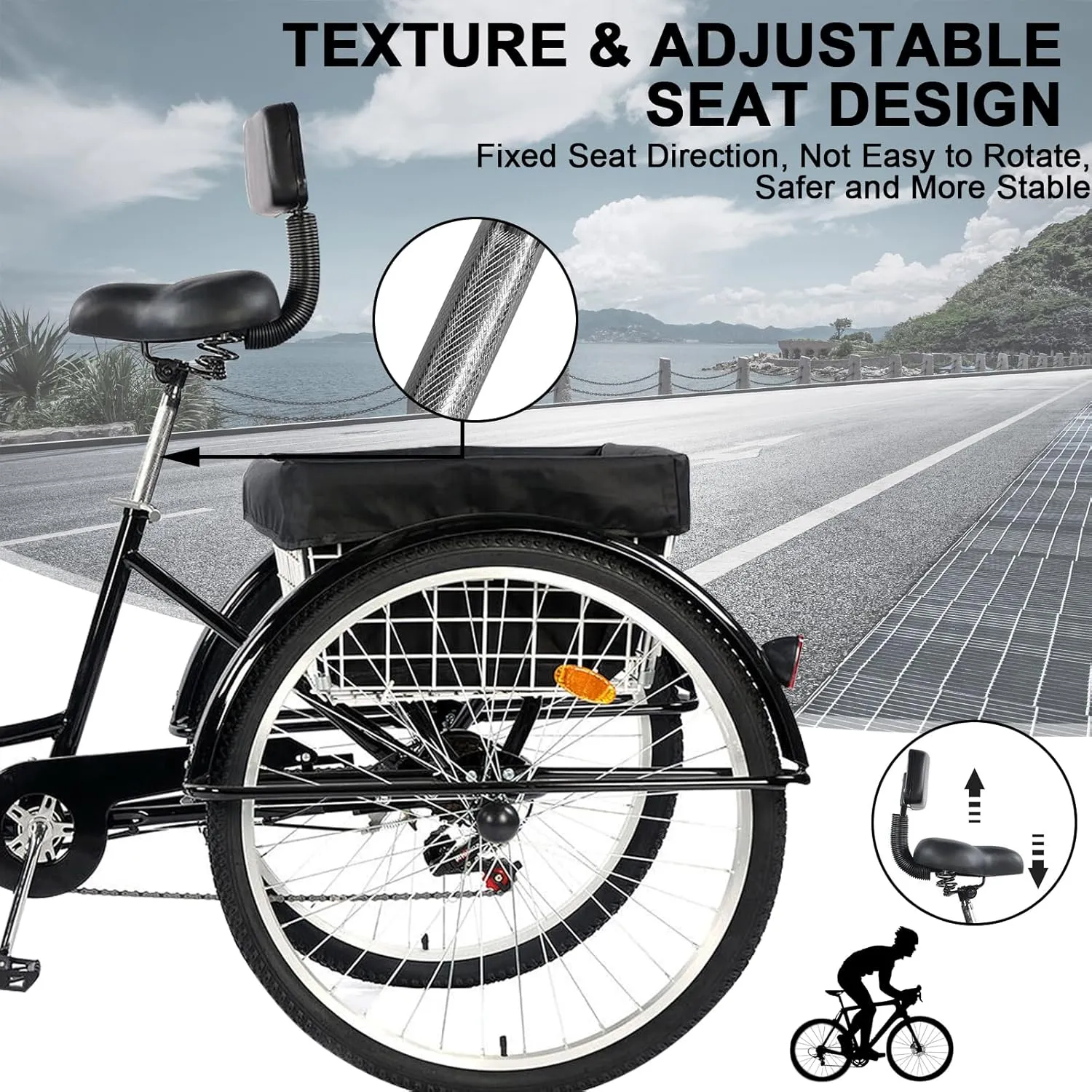 Adult Tricycle 24/26inch 7 Speed, 3 Wheel Mountain Trikes, Three Wheeled Bikes with Basket & Backrest Seat for Seniors, Women, Men, Multiple Colors