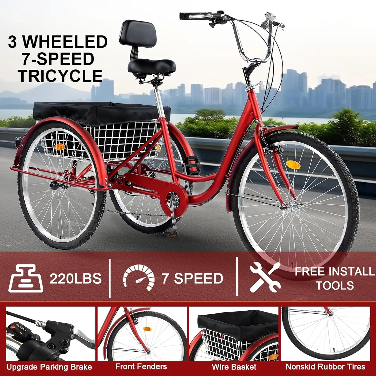 Adult Tricycle 24/26inch 7 Speed, 3 Wheel Mountain Trikes, Three Wheeled Bikes with Basket & Backrest Seat for Seniors, Women, Men, Multiple Colors
