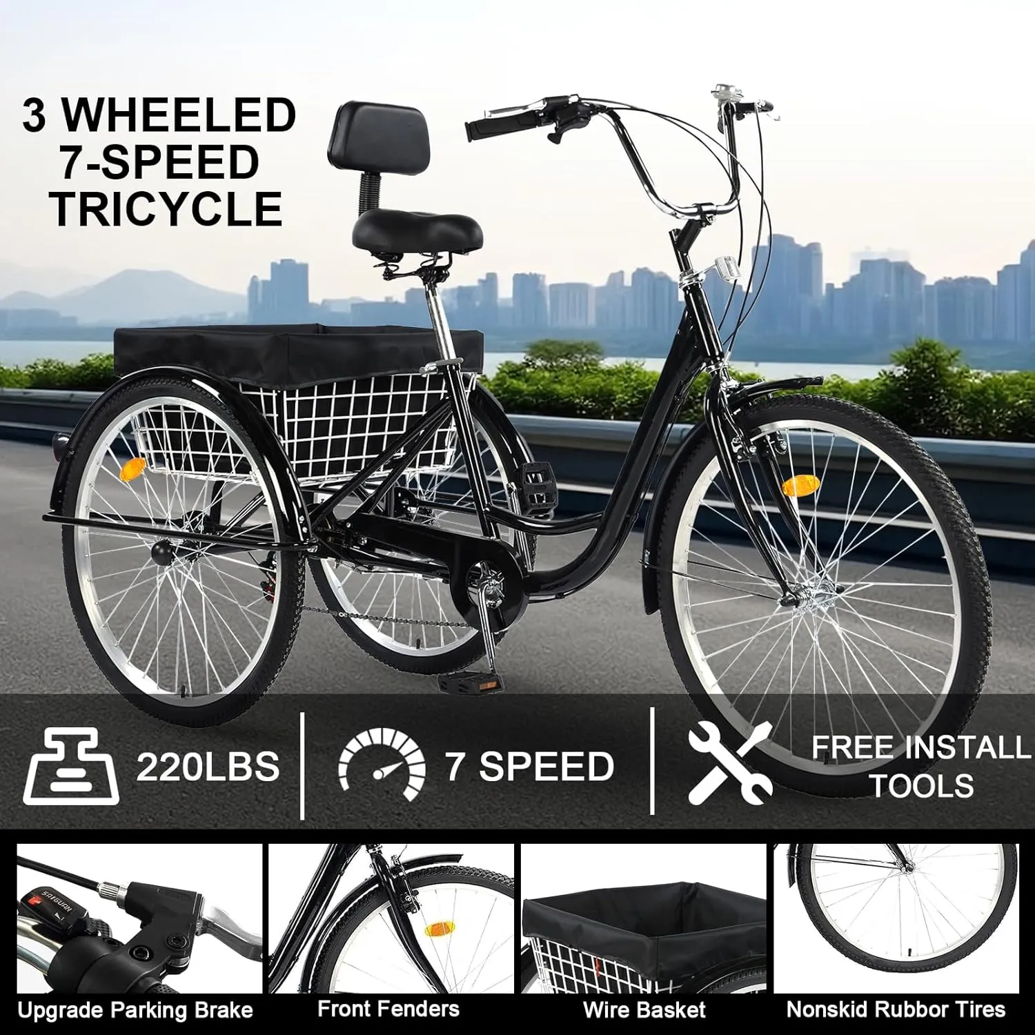 Adult Tricycle 24/26inch 7 Speed, 3 Wheel Mountain Trikes, Three Wheeled Bikes with Basket & Backrest Seat for Seniors, Women, Men, Multiple Colors