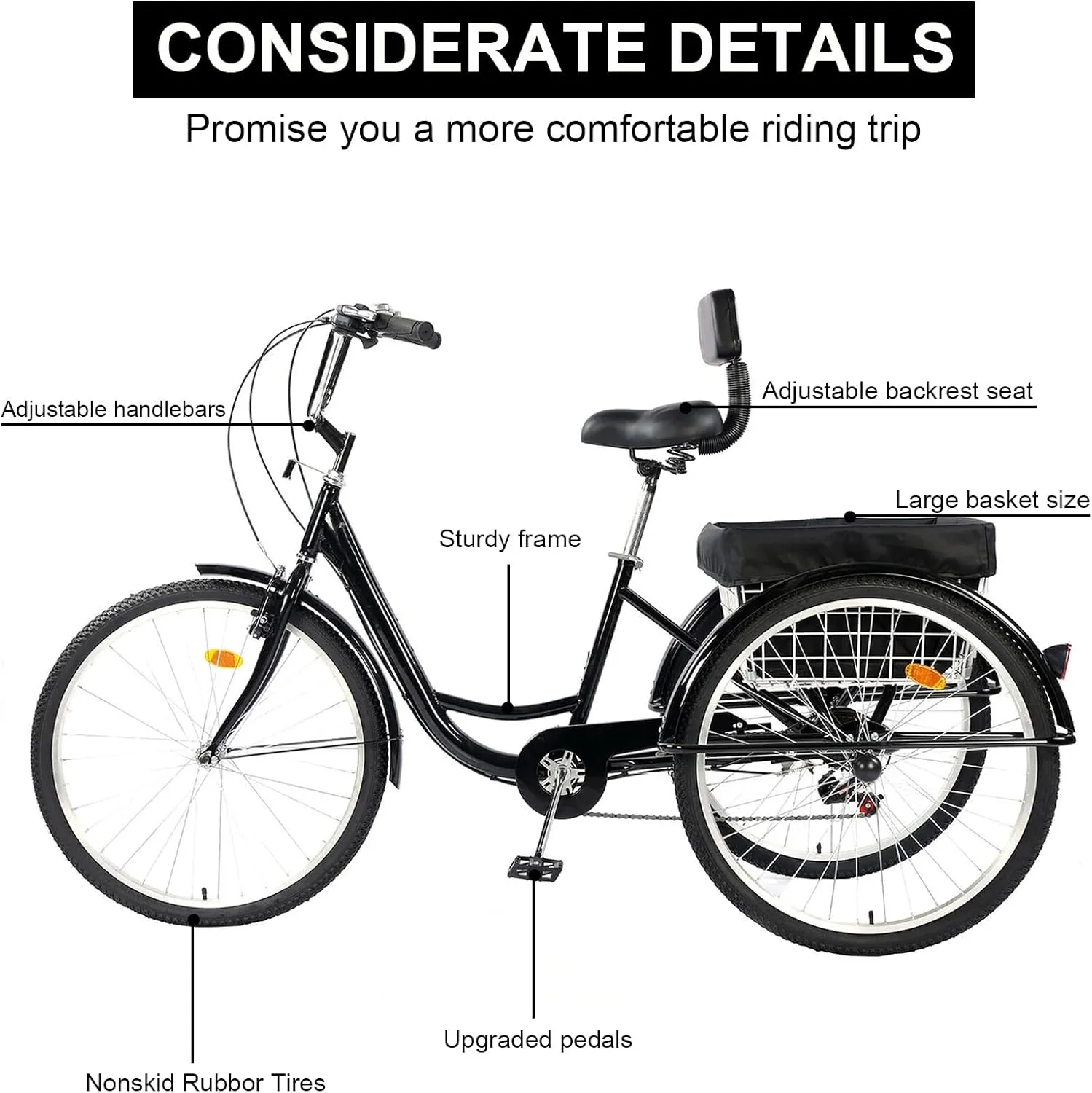 Adult Tricycle 24/26inch 7 Speed, 3 Wheel Mountain Trikes, Three Wheeled Bikes with Basket & Backrest Seat for Seniors, Women, Men, Multiple Colors