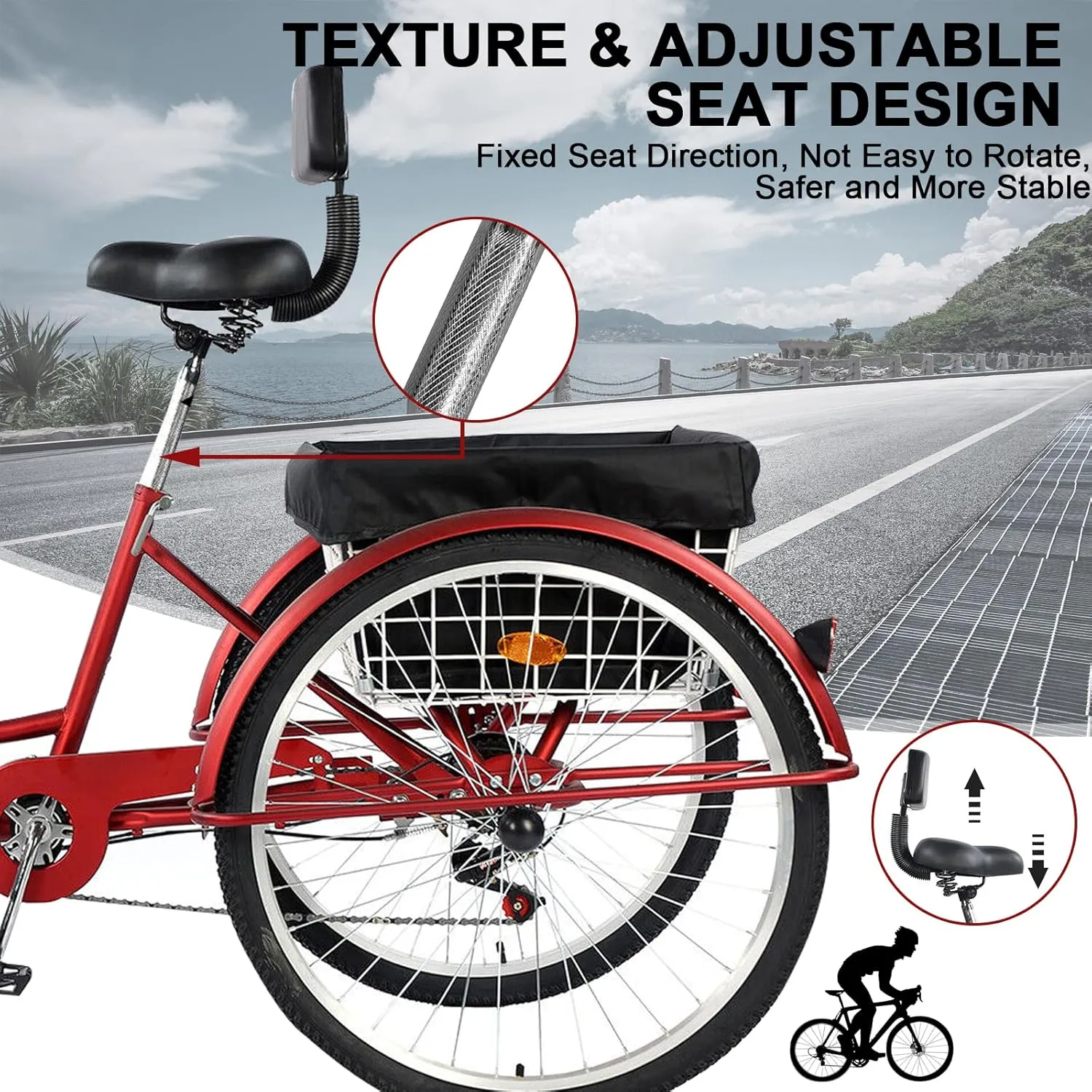 Adult Tricycle 24/26inch 7 Speed, 3 Wheel Mountain Trikes, Three Wheeled Bikes with Basket & Backrest Seat for Seniors, Women, Men, Multiple Colors
