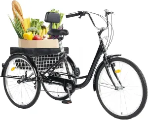 Adult Tricycle 24/26inch 7 Speed, 3 Wheel Mountain Trikes, Three Wheeled Bikes with Basket & Backrest Seat for Seniors, Women, Men, Multiple Colors
