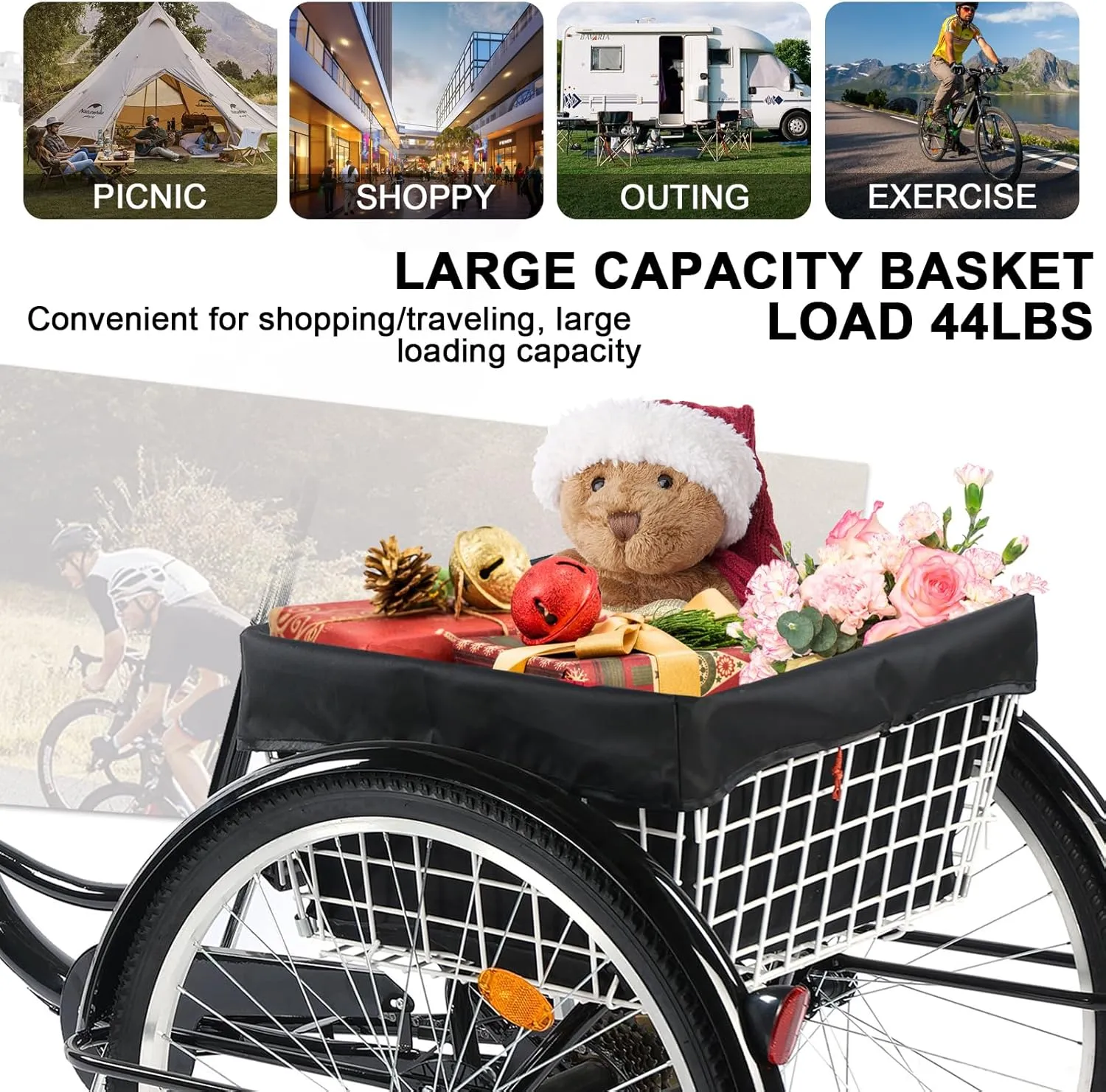 Adult Tricycle 24/26inch 7 Speed, 3 Wheel Mountain Trikes, Three Wheeled Bikes with Basket & Backrest Seat for Seniors, Women, Men, Multiple Colors
