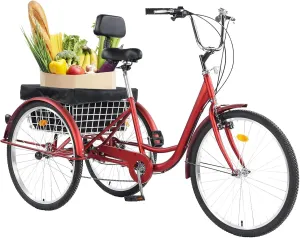 Adult Tricycle 24/26inch 7 Speed, 3 Wheel Mountain Trikes, Three Wheeled Bikes with Basket & Backrest Seat for Seniors, Women, Men, Multiple Colors