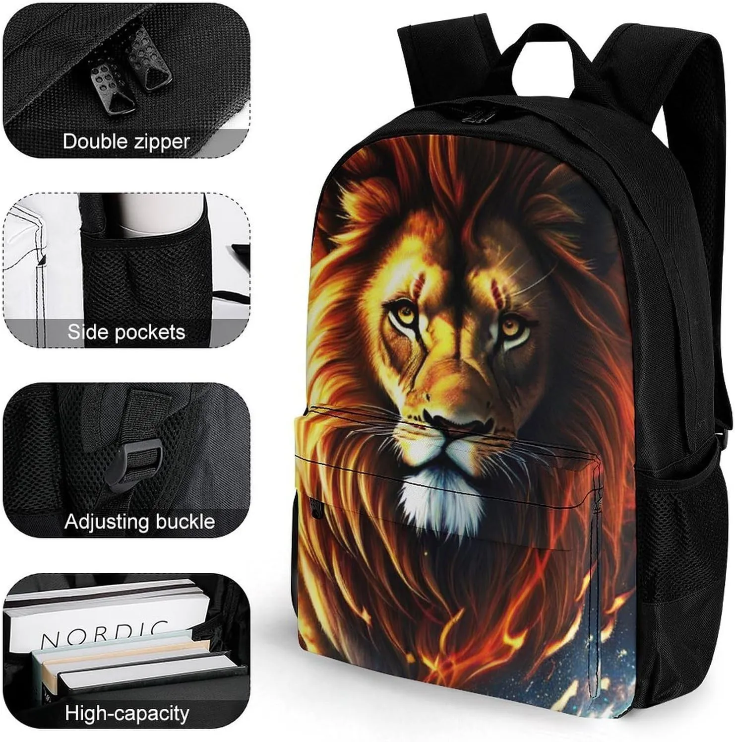 Adults Lightweight Cool Lion In The Space Surreal Style Art Rucksacks Large Capacity Bookbag With Adjustable Shoulder Straps for Trekking Outdoors Bicycle