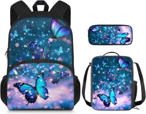 Aesthetic Butterfly Backpack for Girls Kids Backpack with Lunch Box and Big Pencil Case 3Pcs Set 15" Large Capacity Bookbag with Front Pocket for School Lightweight Kindergarten School Bag