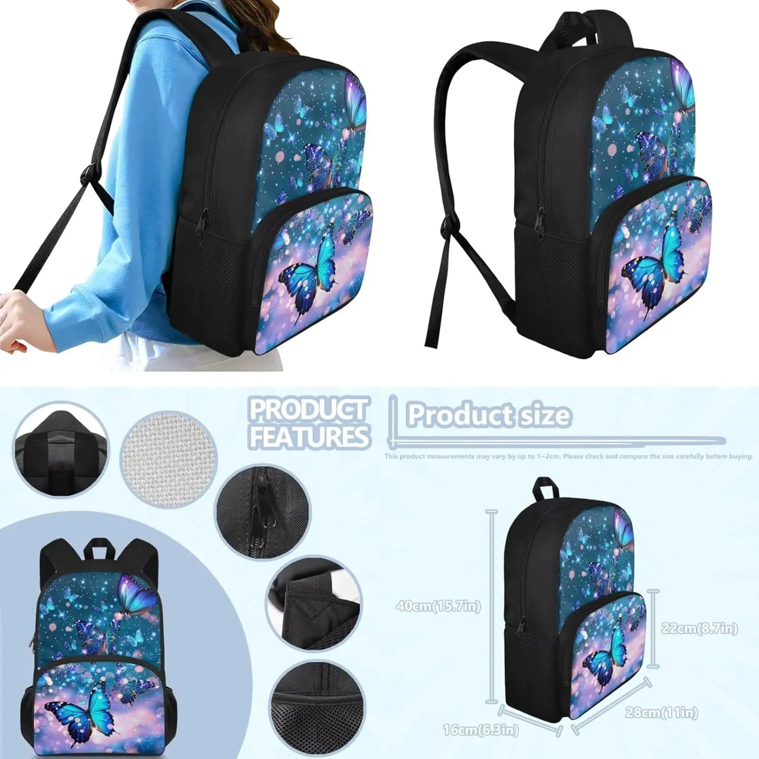 Aesthetic Butterfly Backpack for Girls Kids Backpack with Lunch Box and Big Pencil Case 3Pcs Set 15" Large Capacity Bookbag with Front Pocket for School Lightweight Kindergarten School Bag