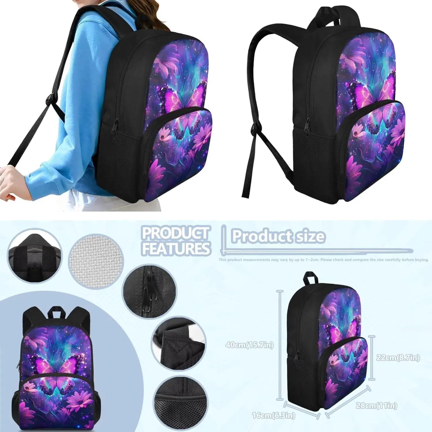 Aesthetic Butterfly Backpack for Girls Kids Backpack with Lunch Box and Large Pencil Bag 3Pcs Set 15" Sturdy Bookbag with Front Pocket for School Lightweight Kindergarten School Bag