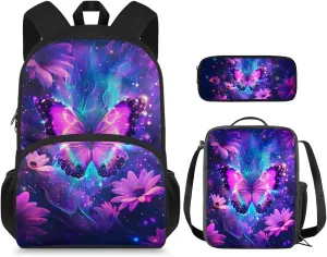 Aesthetic Butterfly Backpack for Girls Kids Backpack with Lunch Box and Large Pencil Bag 3Pcs Set 15" Sturdy Bookbag with Front Pocket for School Lightweight Kindergarten School Bag