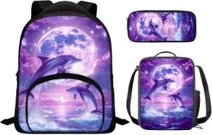 Aesthetic Dolphin Backpack for Girls Kids Backpack with Lunch Box and Zippered Pencil Case 3 Pcs Set 12" Sturdy Bookbag with Front Pocket Lightweight School Bag with Side Pockets for Toddler