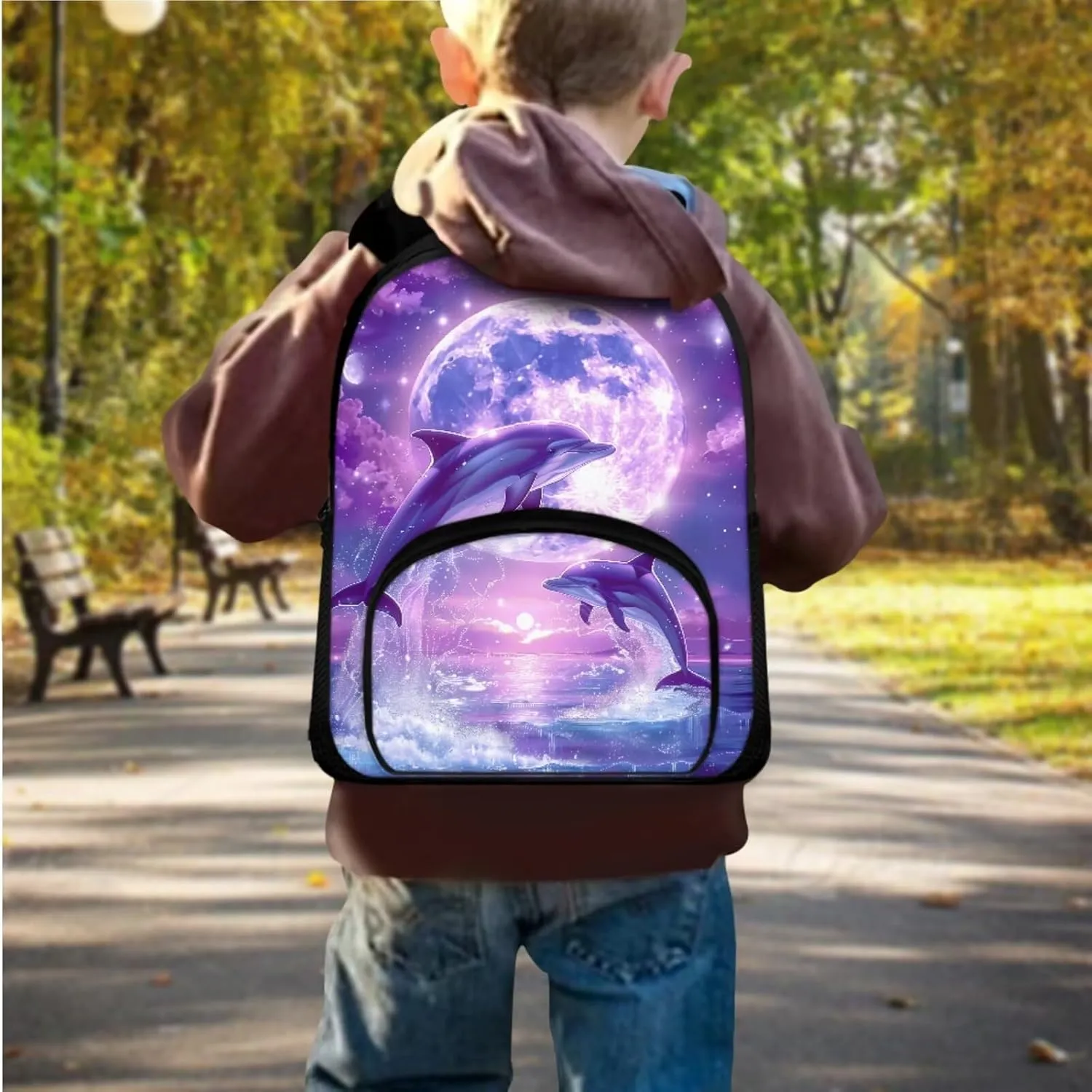 Aesthetic Dolphin Backpack for Girls Kids Backpack with Lunch Box and Zippered Pencil Case 3 Pcs Set 12" Sturdy Bookbag with Front Pocket Lightweight School Bag with Side Pockets for Toddler