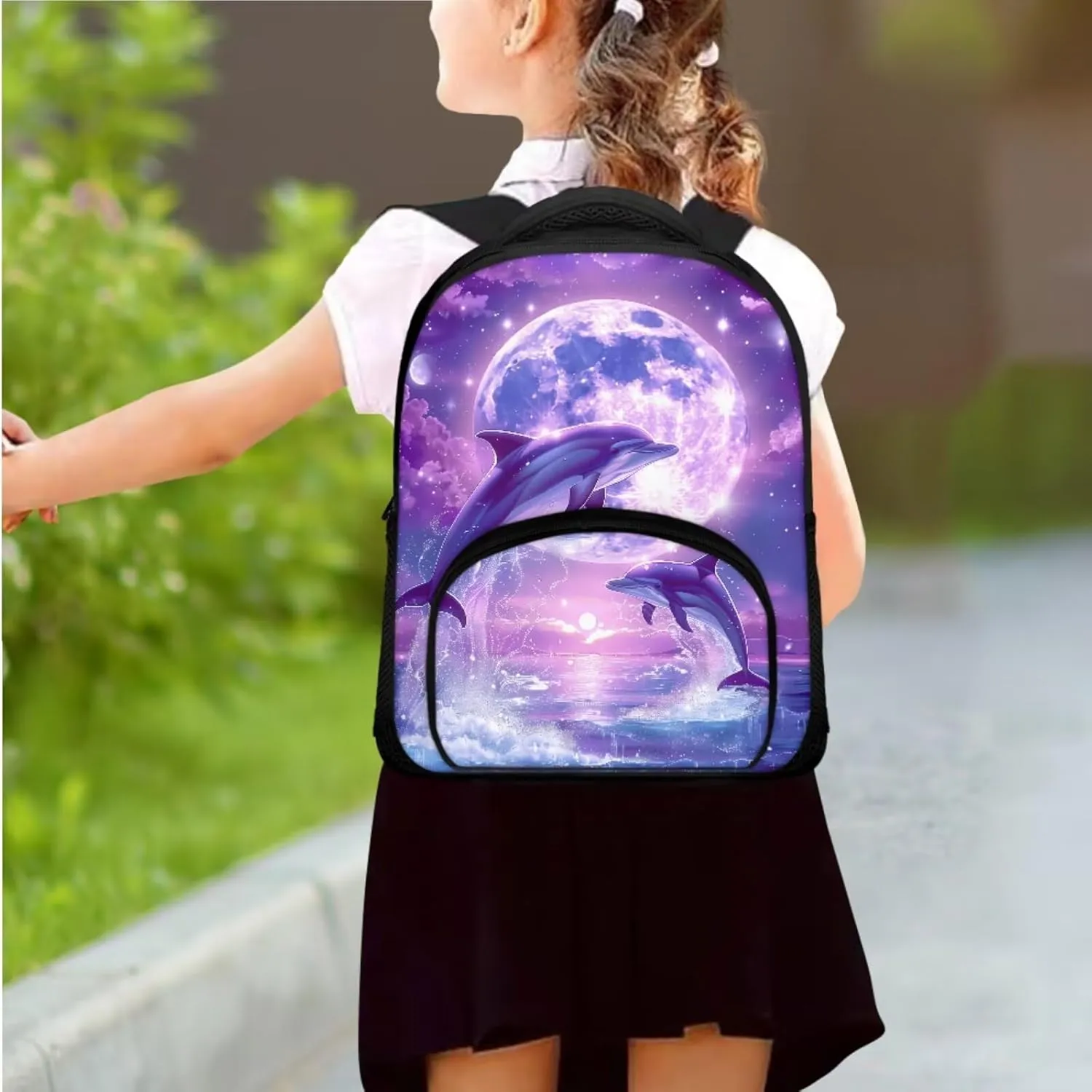 Aesthetic Dolphin Backpack for Girls Kids Backpack with Lunch Box and Zippered Pencil Case 3 Pcs Set 12" Sturdy Bookbag with Front Pocket Lightweight School Bag with Side Pockets for Toddler