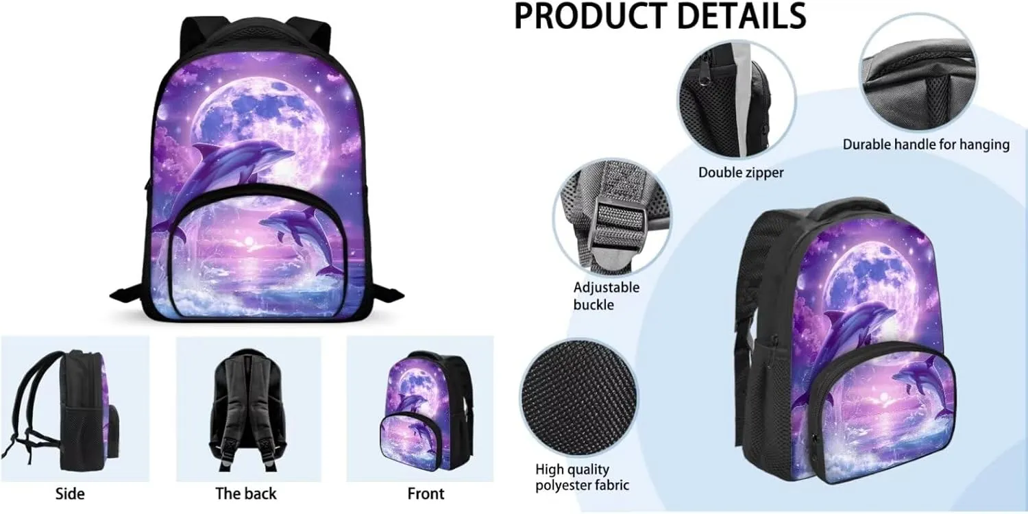 Aesthetic Dolphin Backpack for Girls Kids Backpack with Lunch Box and Zippered Pencil Case 3 Pcs Set 12" Sturdy Bookbag with Front Pocket Lightweight School Bag with Side Pockets for Toddler