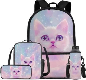 Aesthetic Galaxy Cat Backpack for School Girls Backpack with Lunch Box Water Bottle Bag and Large Pencil Case 4PCS Set 17" Bookbag with Front Pocket Lightweight School Bag for Kids Elementary