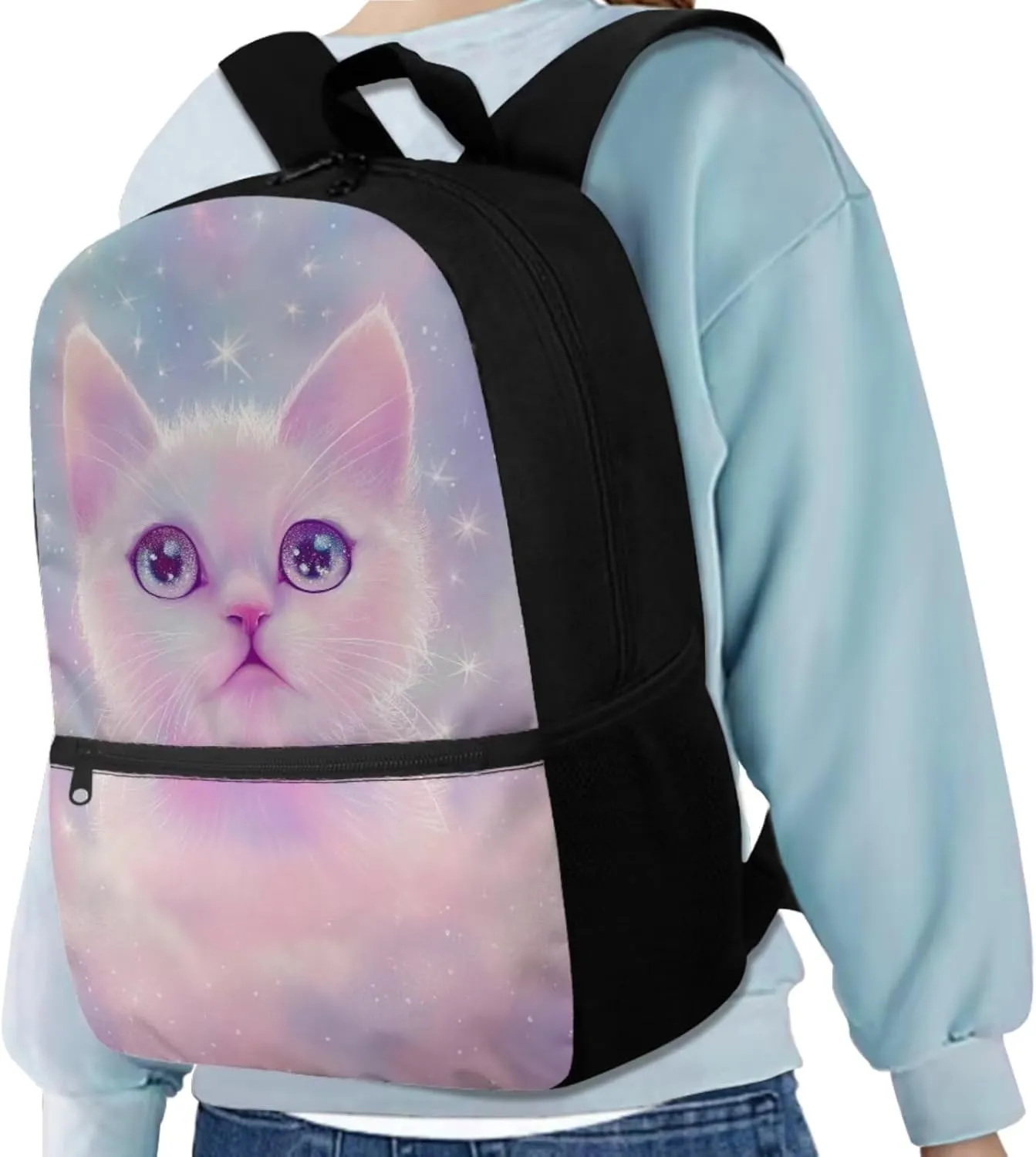 Aesthetic Galaxy Cat Backpack for School Girls Backpack with Lunch Box Water Bottle Bag and Large Pencil Case 4PCS Set 17" Bookbag with Front Pocket Lightweight School Bag for Kids Elementary
