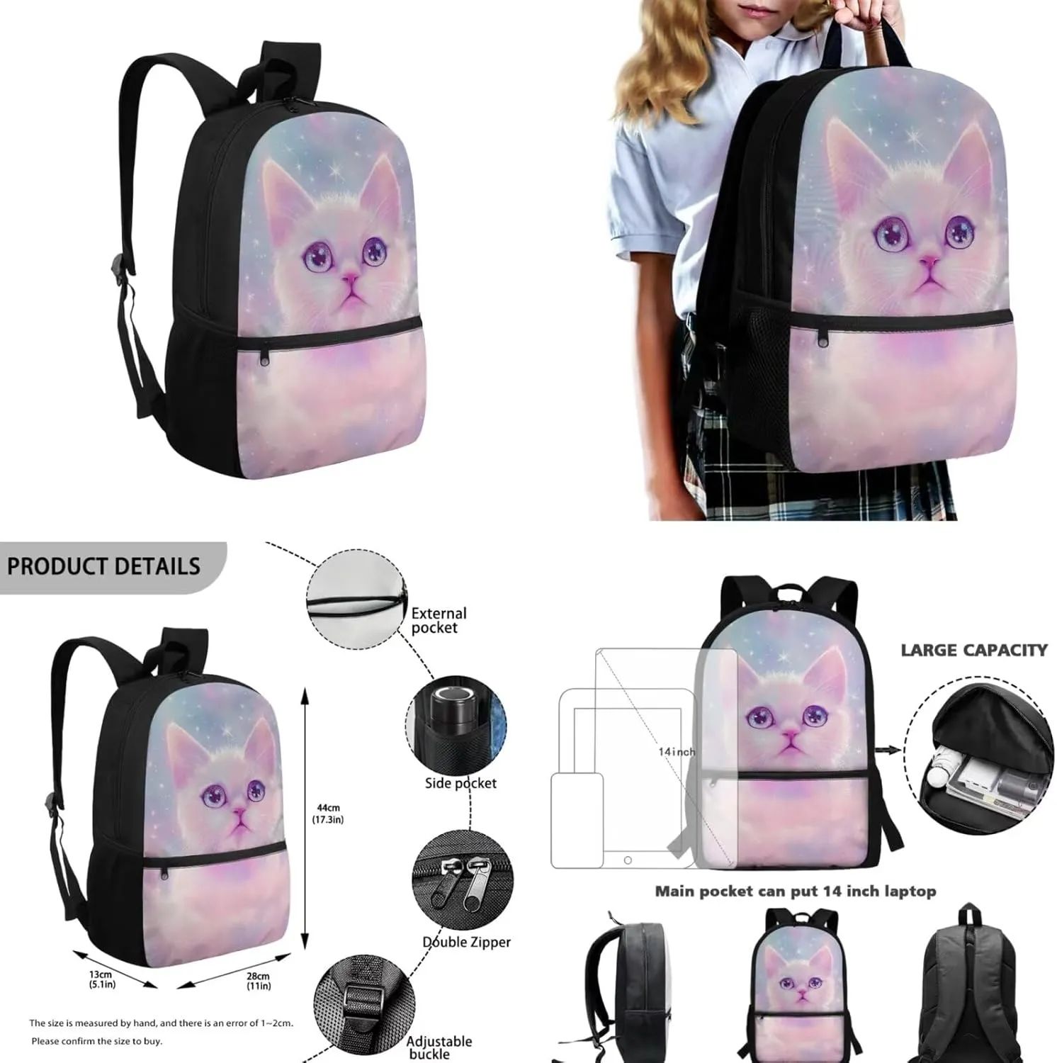 Aesthetic Galaxy Cat Backpack for School Girls Backpack with Lunch Box Water Bottle Bag and Large Pencil Case 4PCS Set 17" Bookbag with Front Pocket Lightweight School Bag for Kids Elementary