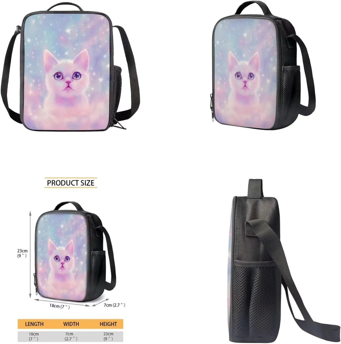 Aesthetic Galaxy Cat Backpack for School Girls Backpack with Lunch Box Water Bottle Bag and Large Pencil Case 4PCS Set 17" Bookbag with Front Pocket Lightweight School Bag for Kids Elementary
