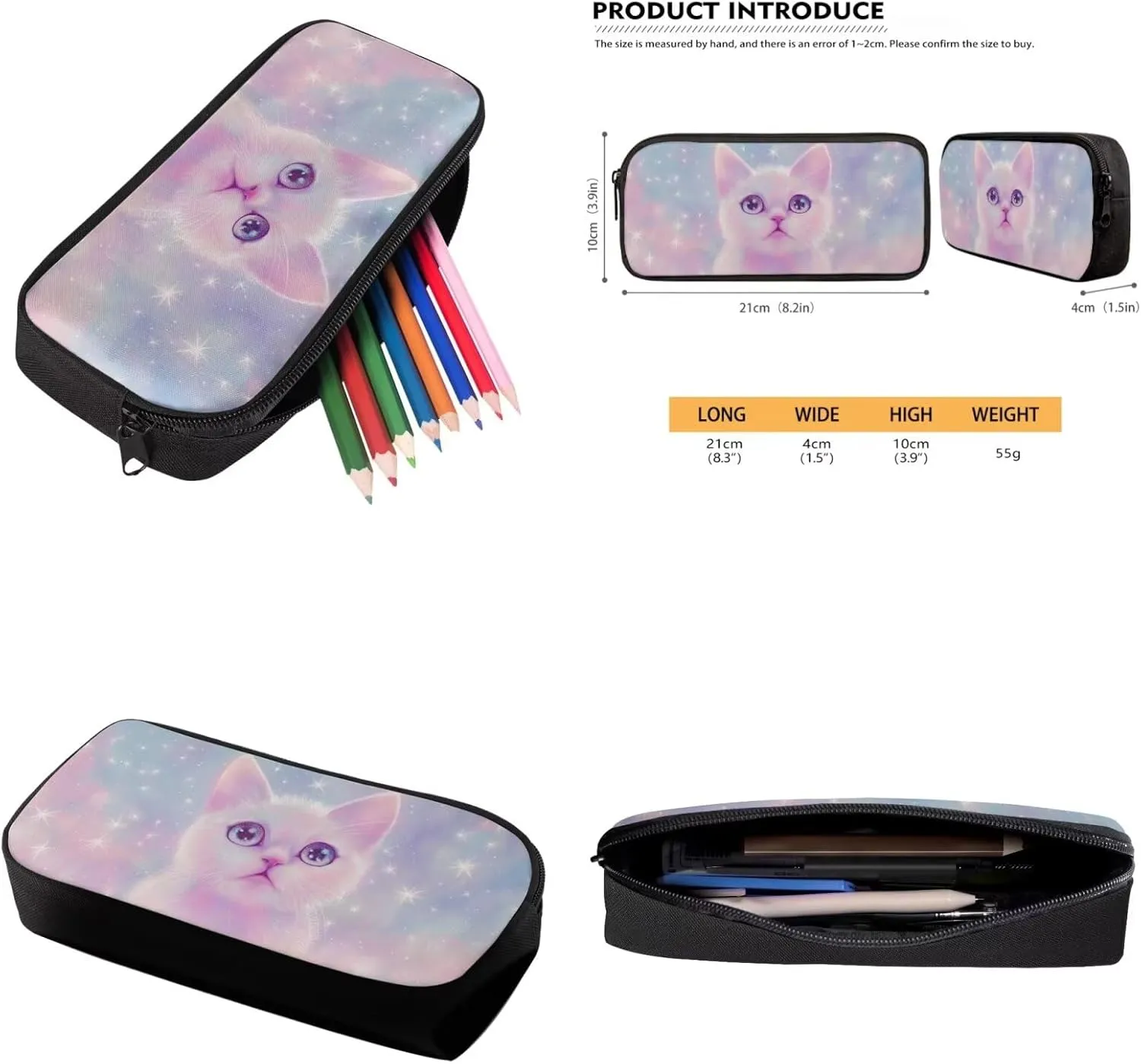 Aesthetic Galaxy Cat Backpack for School Girls Backpack with Lunch Box Water Bottle Bag and Soft Pencil Case 4PCS Set 17" Bookbag with Compartments Lightweight Elementary School Bag for Kids