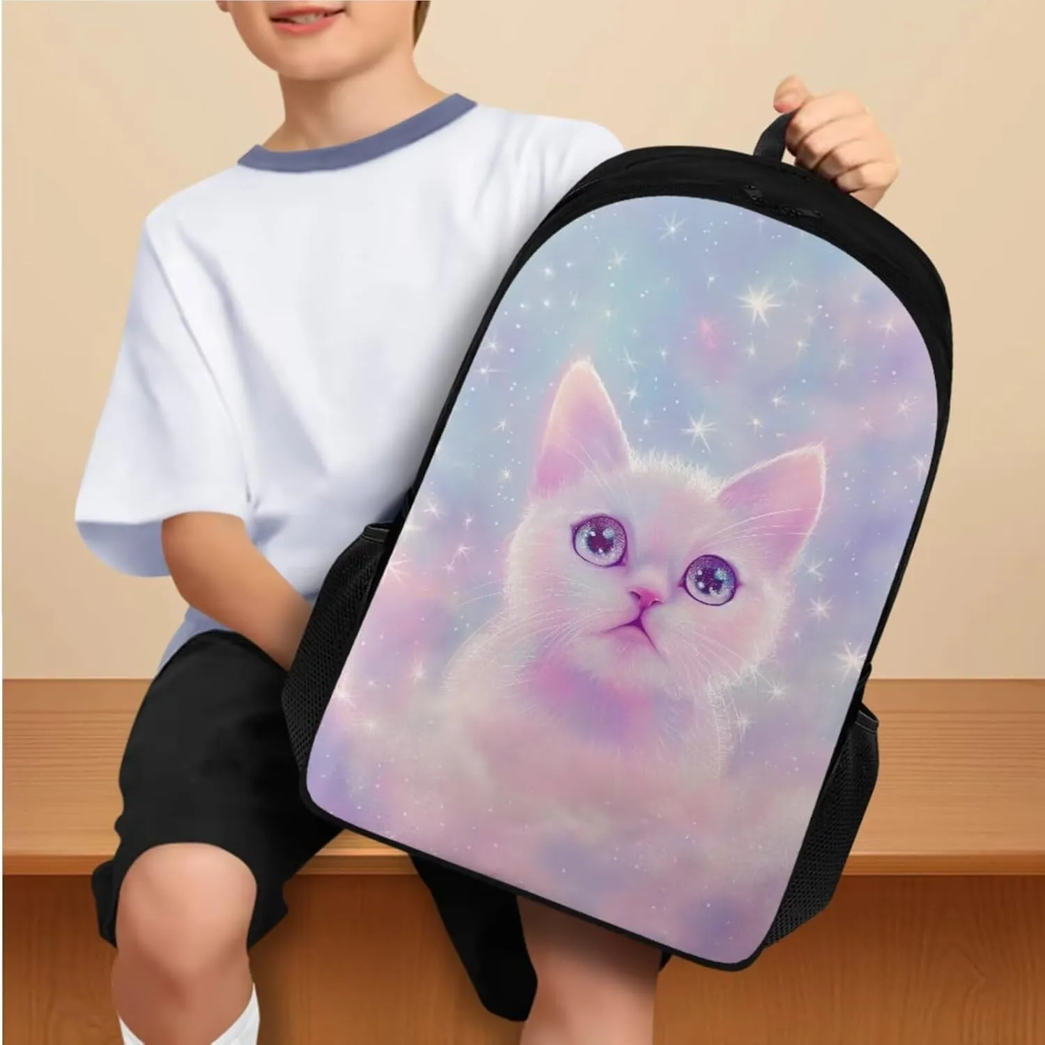 Aesthetic Galaxy Cat Backpack for School Girls Backpack with Lunch Box Water Bottle Bag and Soft Pencil Case 4PCS Set 17" Bookbag with Compartments Lightweight Elementary School Bag for Kids