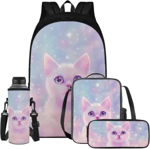 Aesthetic Galaxy Cat Backpack for School Girls Backpack with Lunch Box Water Bottle Bag and Soft Pencil Case 4PCS Set 17" Bookbag with Compartments Lightweight Elementary School Bag for Kids