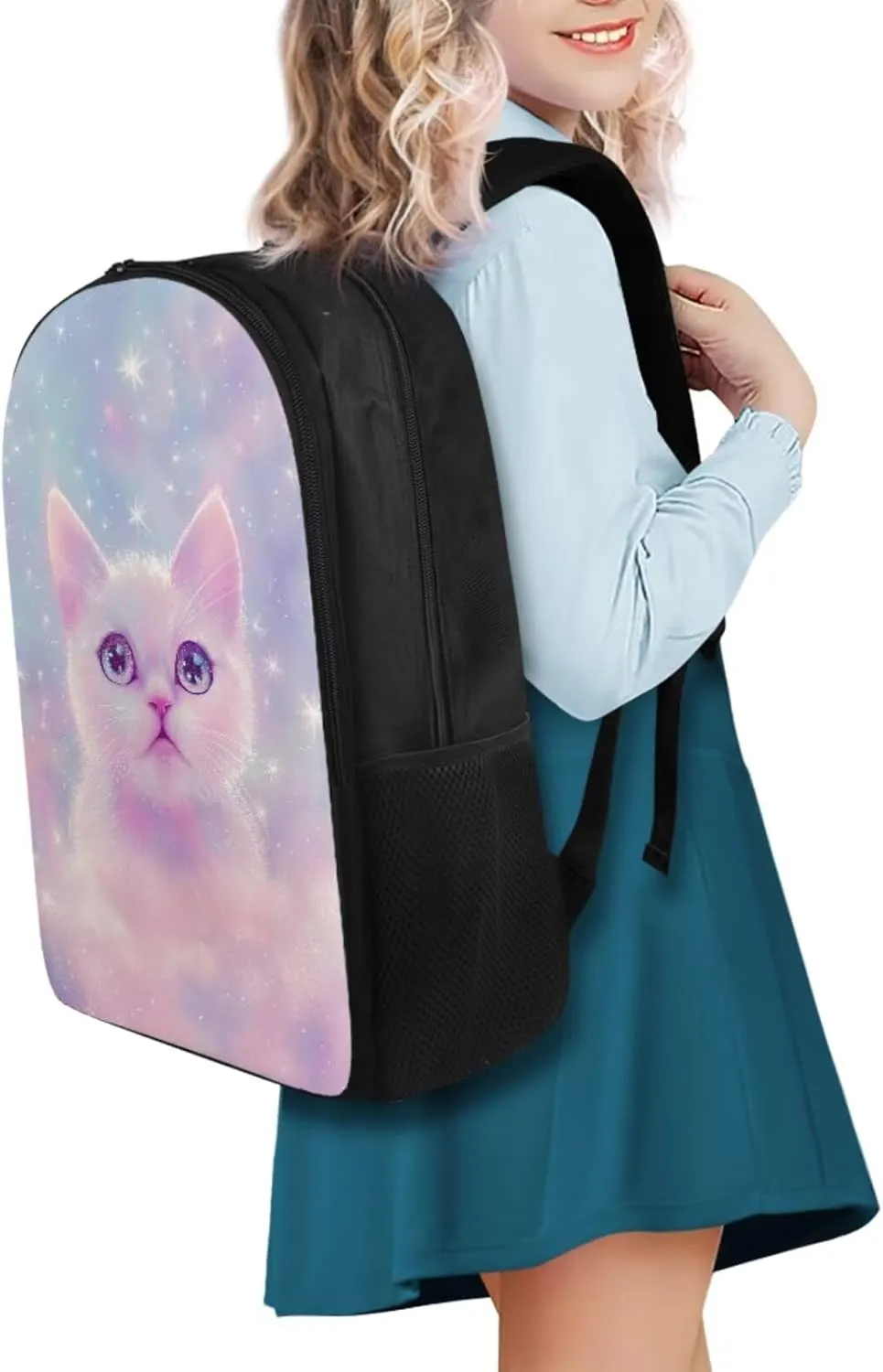 Aesthetic Galaxy Cat Backpack for School Girls Backpack with Lunch Box Water Bottle Bag and Soft Pencil Case 4PCS Set 17" Bookbag with Compartments Lightweight Elementary School Bag for Kids
