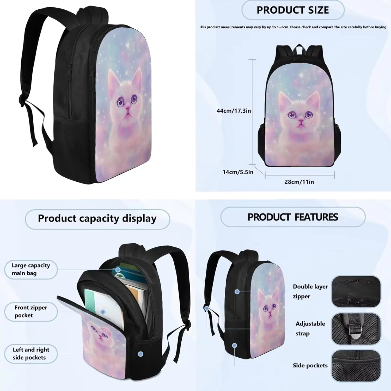 Aesthetic Galaxy Cat Backpack for School Girls Backpack with Lunch Box Water Bottle Bag and Soft Pencil Case 4PCS Set 17" Bookbag with Compartments Lightweight Elementary School Bag for Kids