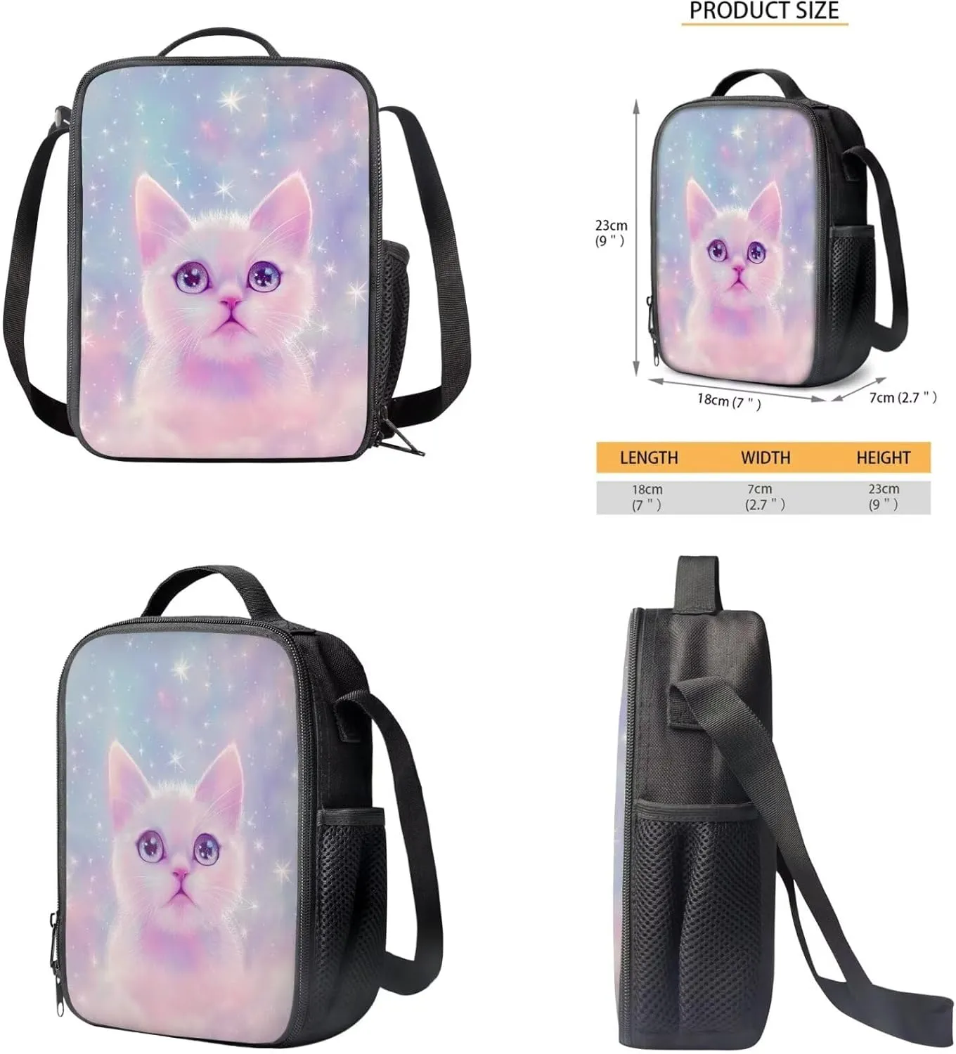 Aesthetic Galaxy Cat Backpack for School Girls Backpack with Lunch Box Water Bottle Bag and Soft Pencil Case 4PCS Set 17" Bookbag with Compartments Lightweight Elementary School Bag for Kids