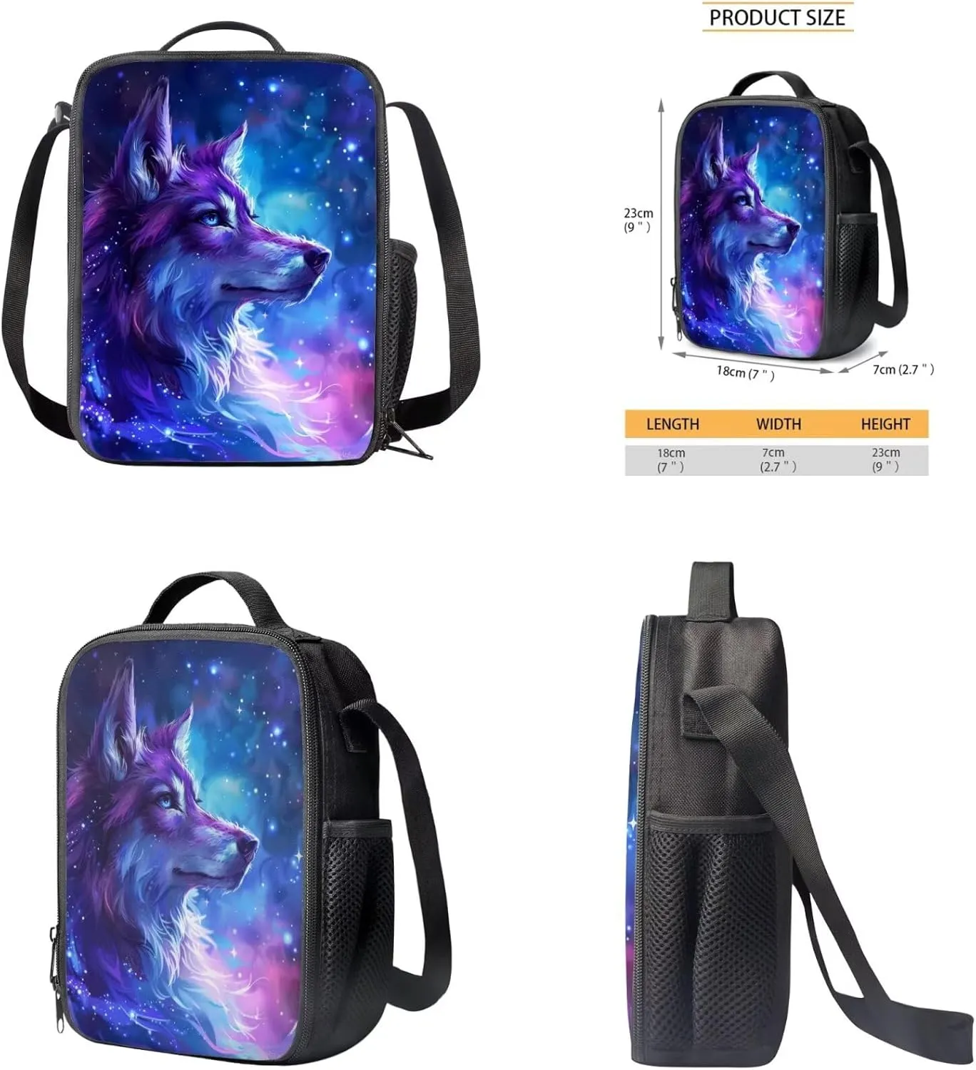 Aesthetic Galaxy Wolf Backpack for Girls Kids Backpack with Lunch Box and Fabric Pencil Pouch 3Pcs Set 15" Sturdy Bookbag with Front Pocket for School Large Capacity Kindergarten School Bag