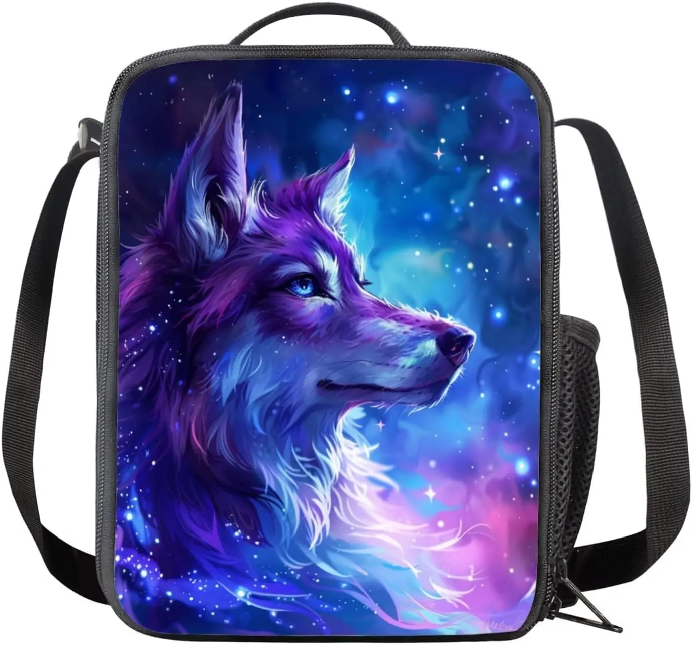 Aesthetic Galaxy Wolf Backpack for Girls Kids Backpack with Lunch Box and Fabric Pencil Pouch 3Pcs Set 15" Sturdy Bookbag with Front Pocket for School Large Capacity Kindergarten School Bag