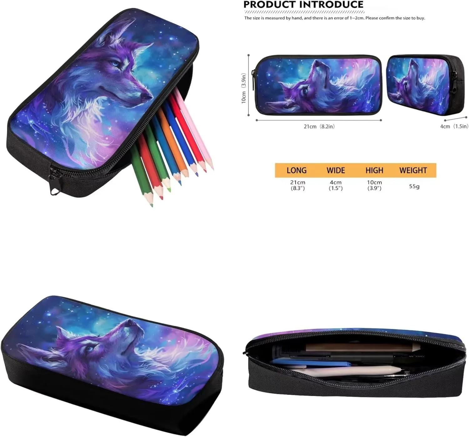 Aesthetic Galaxy Wolf Backpack for Girls Kids Backpack with Lunch Box and Fabric Pencil Pouch 3Pcs Set 15" Sturdy Bookbag with Front Pocket for School Large Capacity Kindergarten School Bag